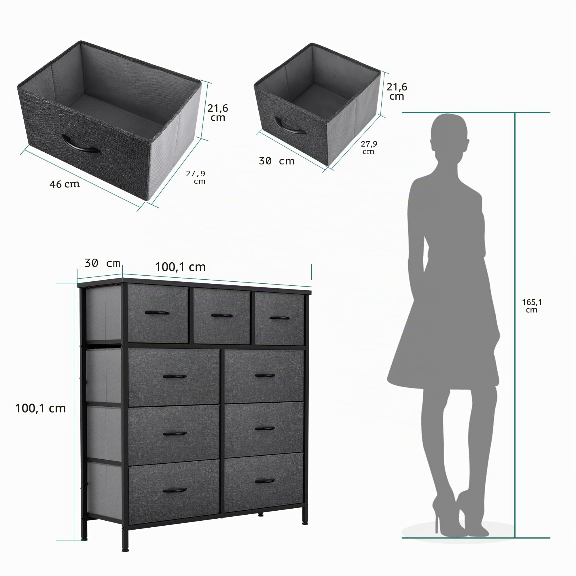 YITAHOME Cassettiera in tessuto, armadietto con 9 cassetti,Cassettiera per Corridoio in Tessuto,con vano contenitore in tessuto per soggiorno,camera da letto,cameretta dei bambini, grigio nero