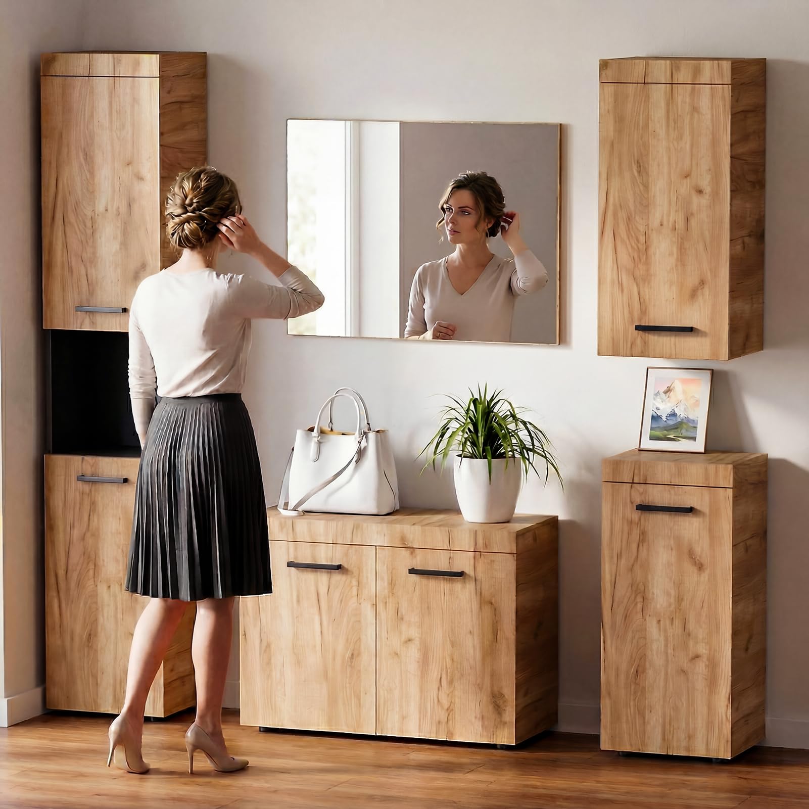 HAUSPROFI 5-teiliges Garderobenset, Flurgarderobe mit Spiegel, Doppeltür-Schuhschrank, Langer Schuhbank, Kleiderschrank und Stauraumschränken, Holzoptik, für Flur und Bad