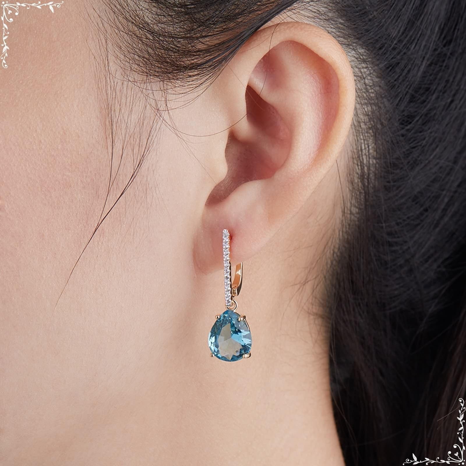 AMDXD Pendientes de aro para mujer de oro 375 de 9 quilates, pendientes de aro con topacio azul, corte de gota, creado en laboratorio, pequeños pendientes de oro amarillo de 9 quilates