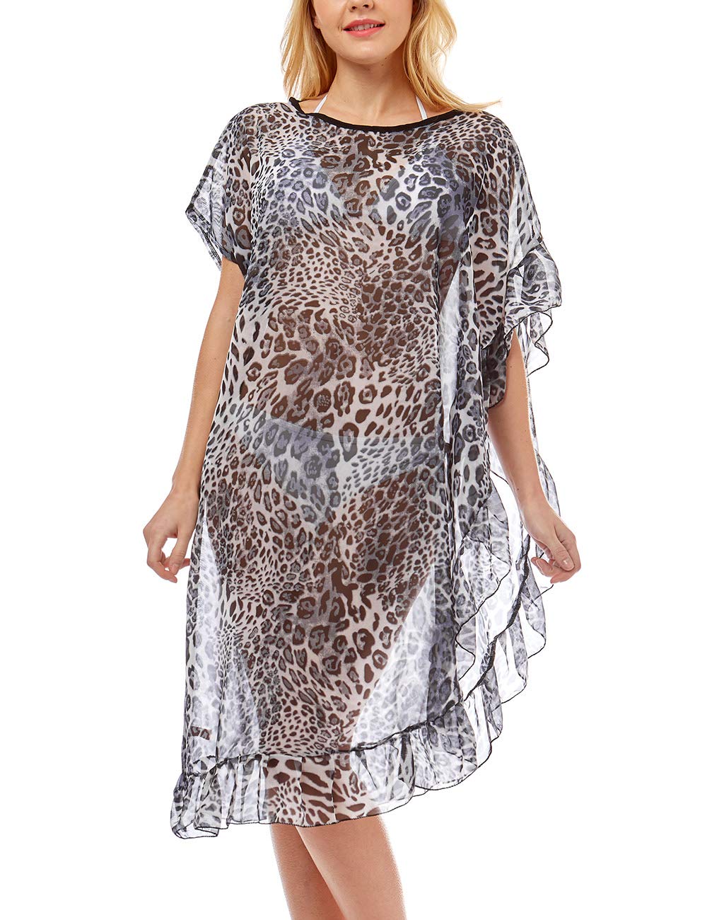 MIRMARU Women's Leopard Print Swimsuits Bikini Cover Up Summer Beach Swimwear, Bikini Beachwear Tassel Kimono Cardigan.