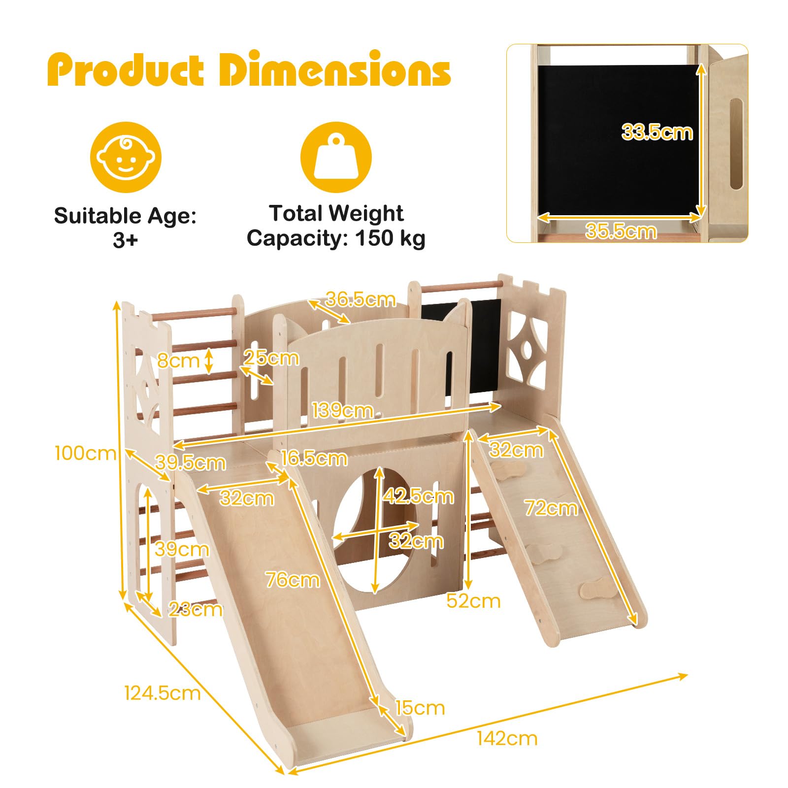 HOMASIS 8 in 1 Klettergerüst Indoor, Holz Kinderrutsche mit Tafel Kletterleiter Tunnel Stauraum, Spielplatz im Burgform, Babyrutsche Rutschenset für Kinder ab 3 Jahren,142x124,5x100cm (Naturfarbe)