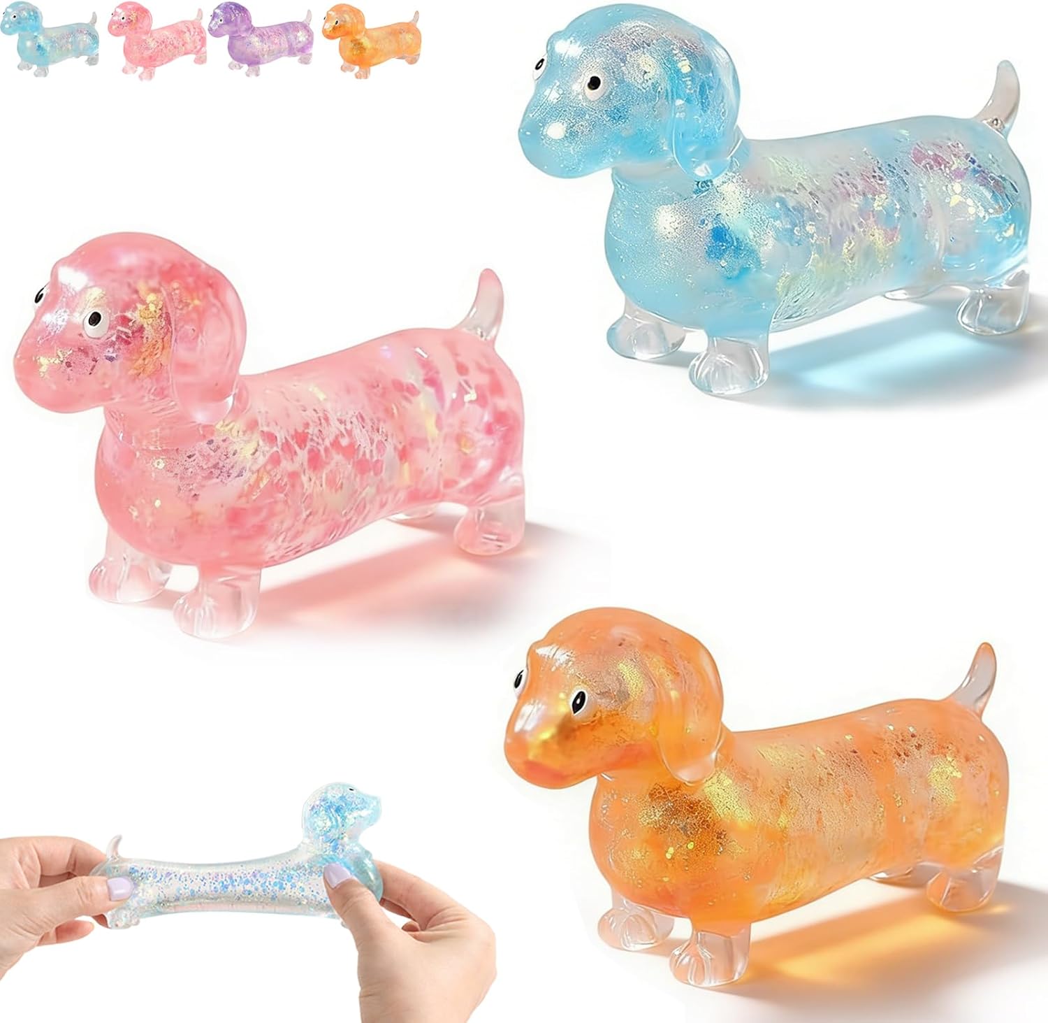 Weiner Dog Squishy, Sparkly Squishy Sausage Dog, Cute Ultra-Soft Touch Mini Rainbow Weiner Dog—4 Models with Face (3-C)