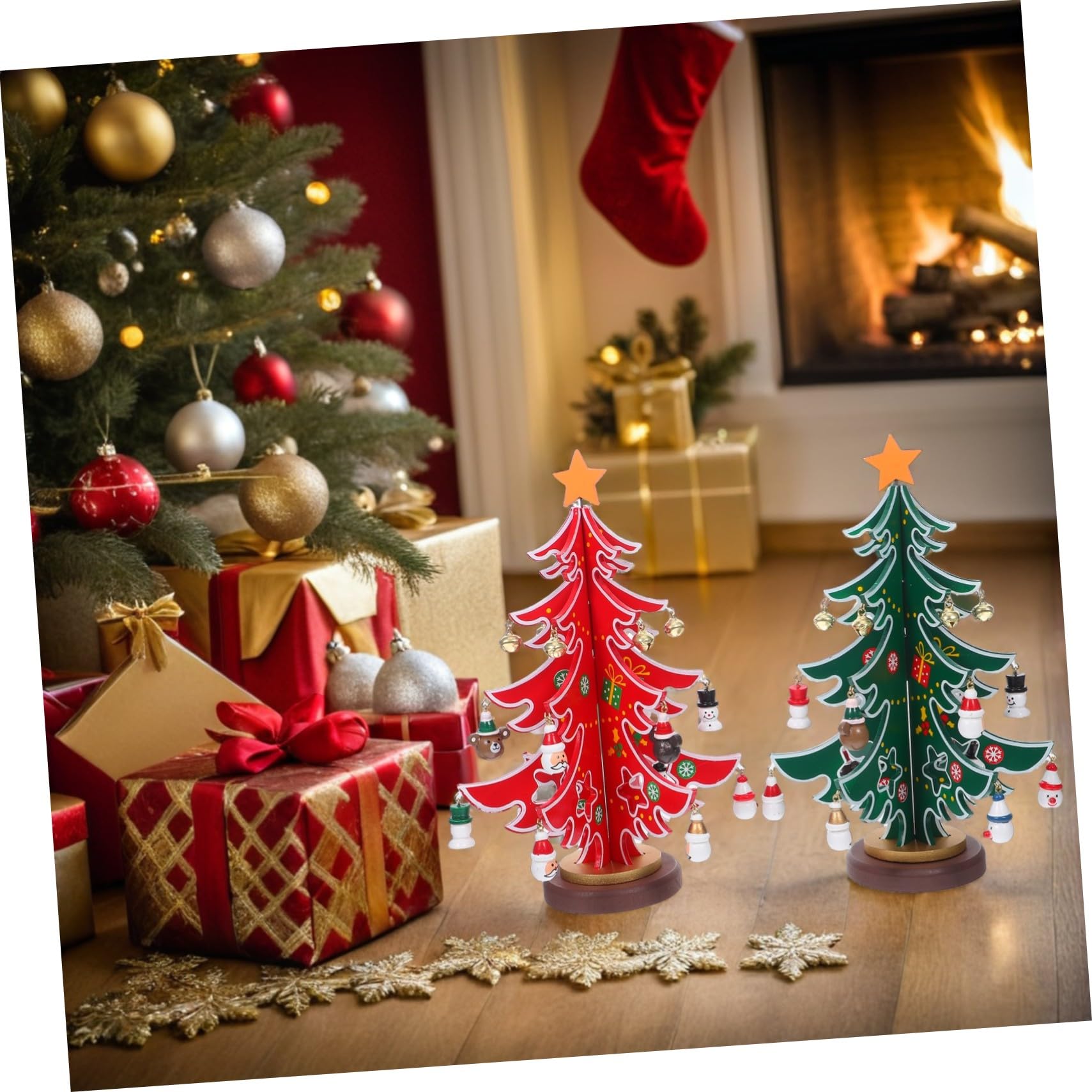 2 Piezas Mini Árbol de Navidad de Madera con Adornos Decoración de Mesa para Fiesta Navideña Centro de Mesa Festivo Diseño Artesanal Detallado y Natural