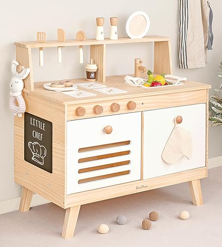 PairPear Juguetes de madera para niños, juego de cocina de madera natural con almacenamiento de juguetes, accesorio de cocina de comida para niñas y
