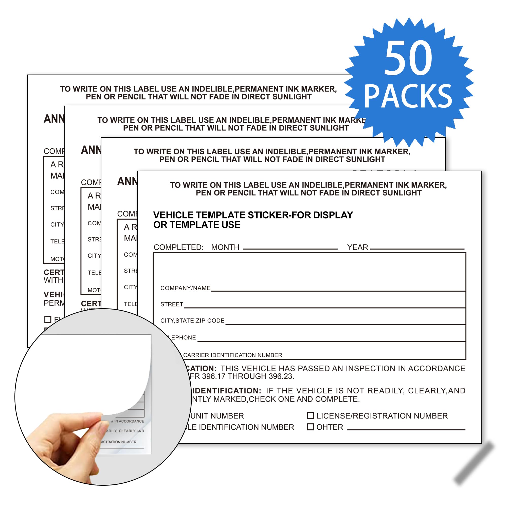 White Vehicle Form Template Sticker,50 Pack Blank Auto Record Sample for Display or Template Use,Writable and Removable Design