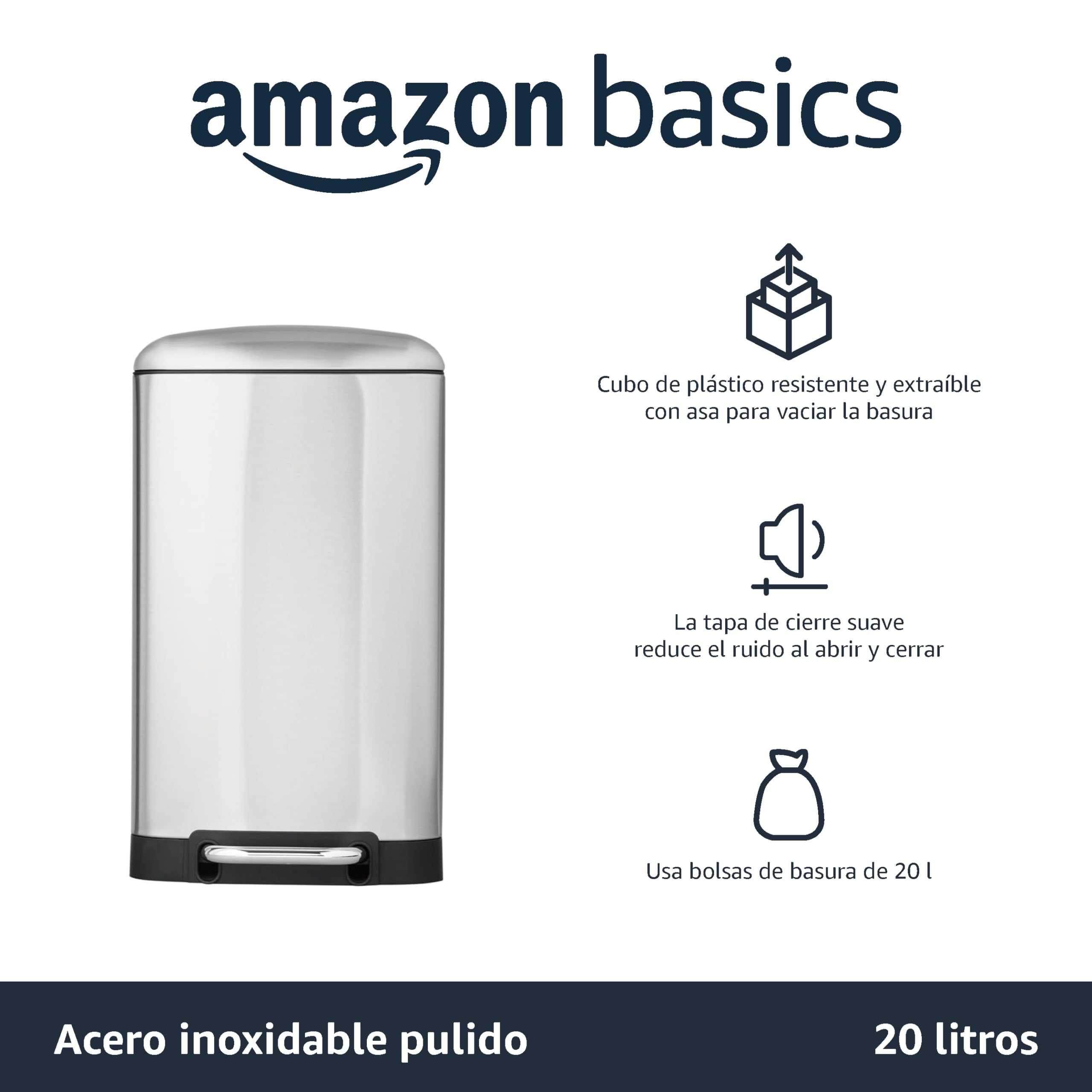 Amazon Basics Cubo de basura rectangular pequeño antimanchas con pedal de cierre suave, para baño, dormitorio, salón o la oficina, 20 l, níquel