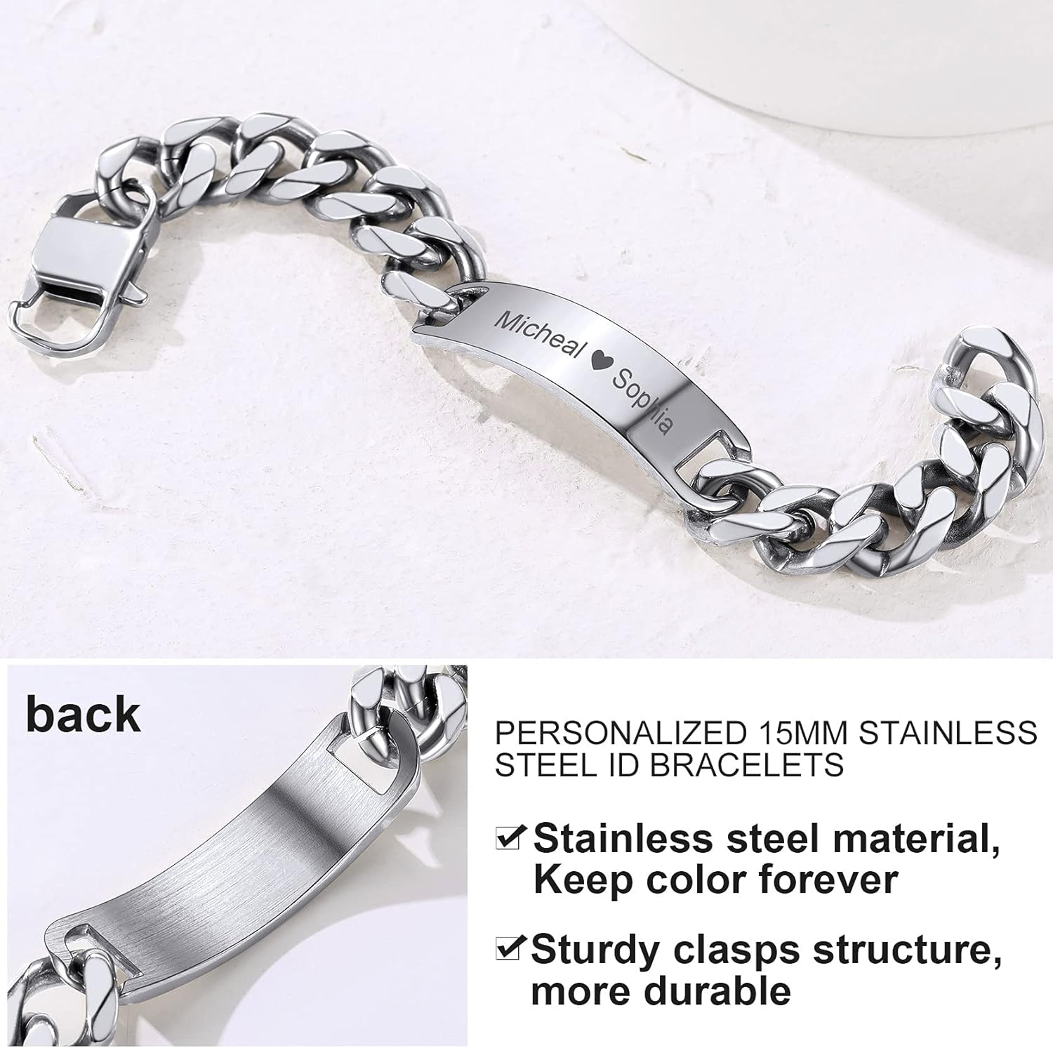 GOLDCHIC JEWELRY Personalized Mens ID Bracelets, Stainless Steel Engraved Bracelets, 7mm-15mm Wide Curb Link Stretch Cuff Bracelets