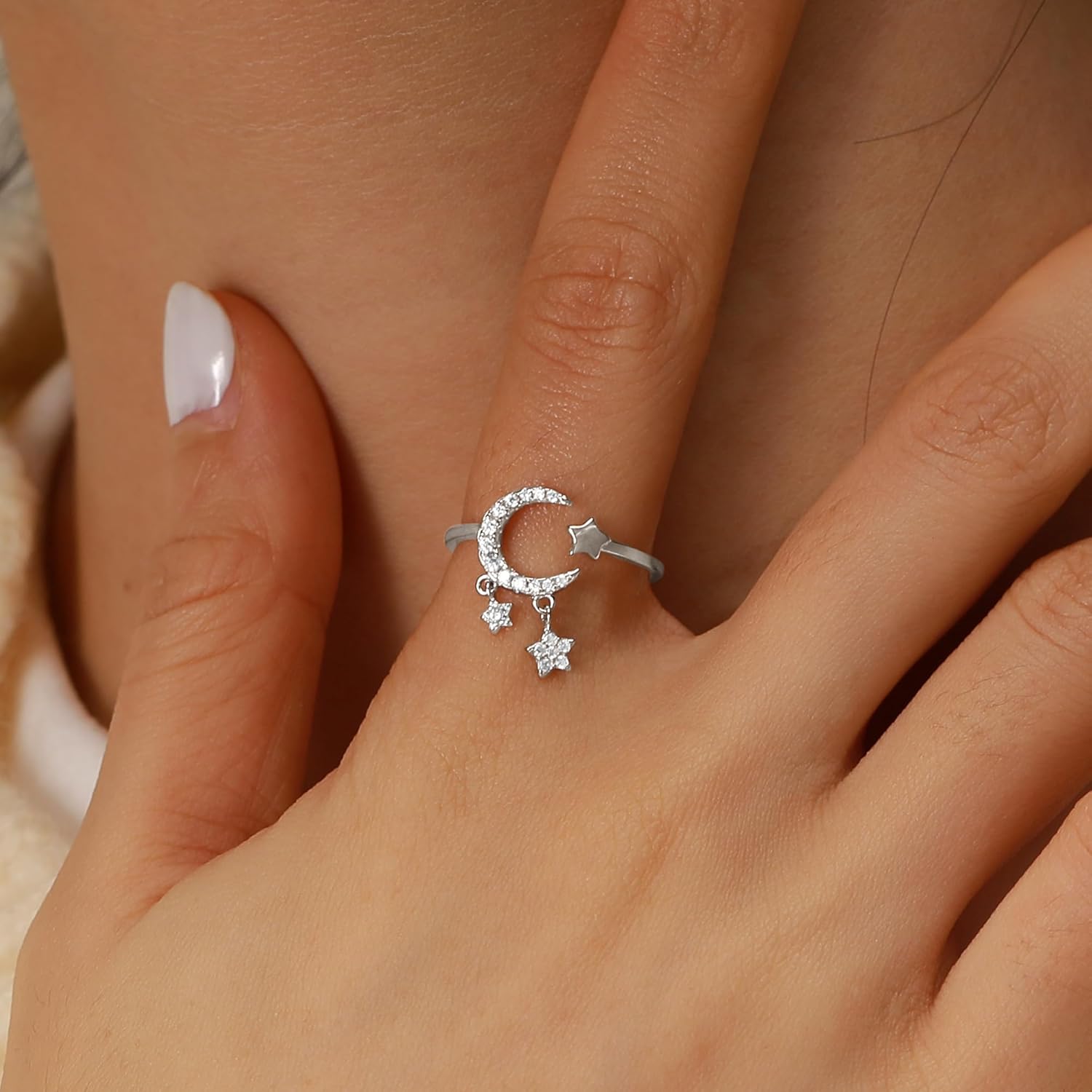 Star and Moon Rings for Women Dainty 925 Sterling Silver Crescent 14K Gold Plated Adjustable Star Statement Open Rings Finger Ring to Daughter Mom Halloween Mother’s Day Jewelry Gifts