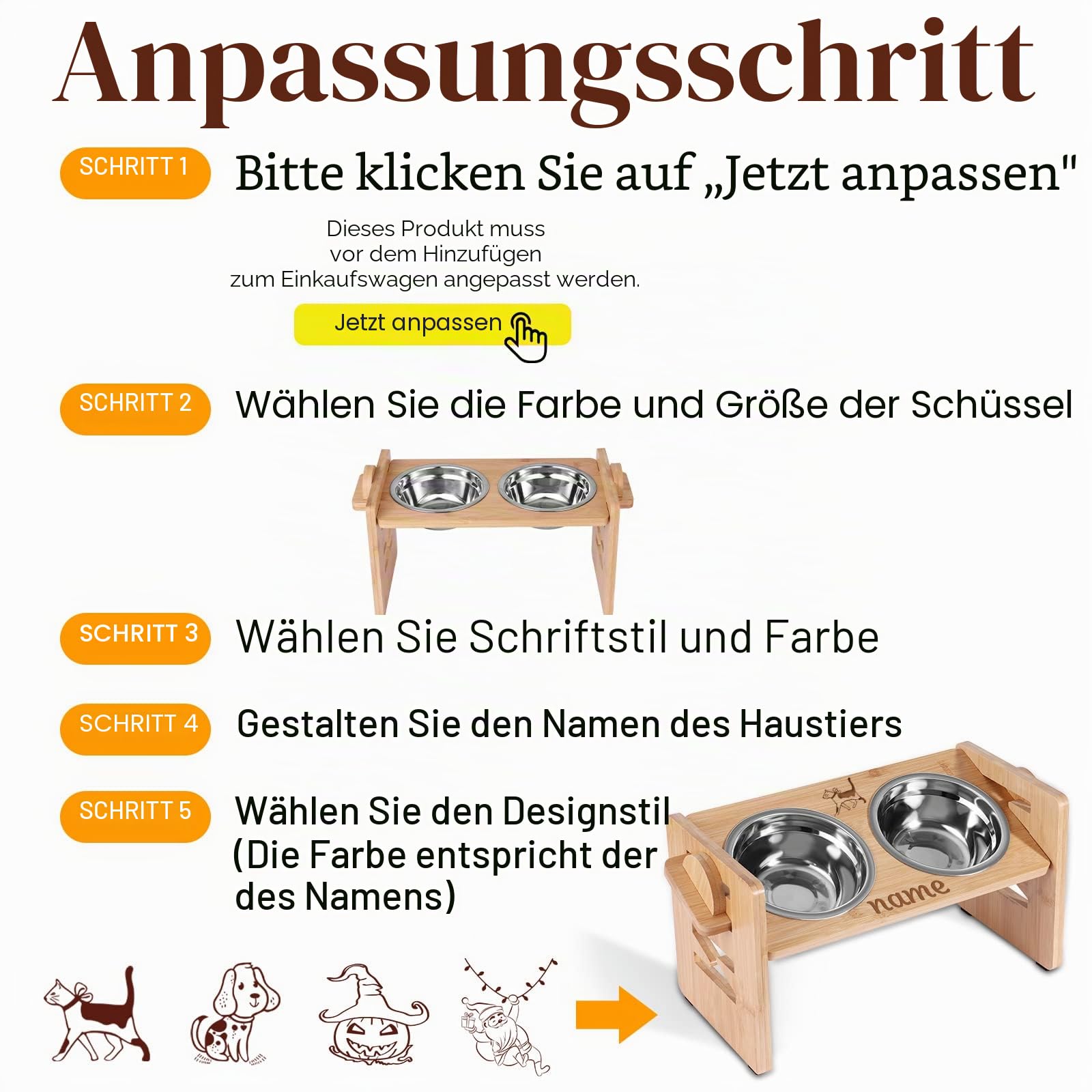 Hundenapf HöHenverstellbar Mit Namen, OXYEFEI Katzennapf ErhöHt Bambus Ergonomischer Futternapf Katze Personalisiert mit Ständer Edelstahlnapf für Haustier