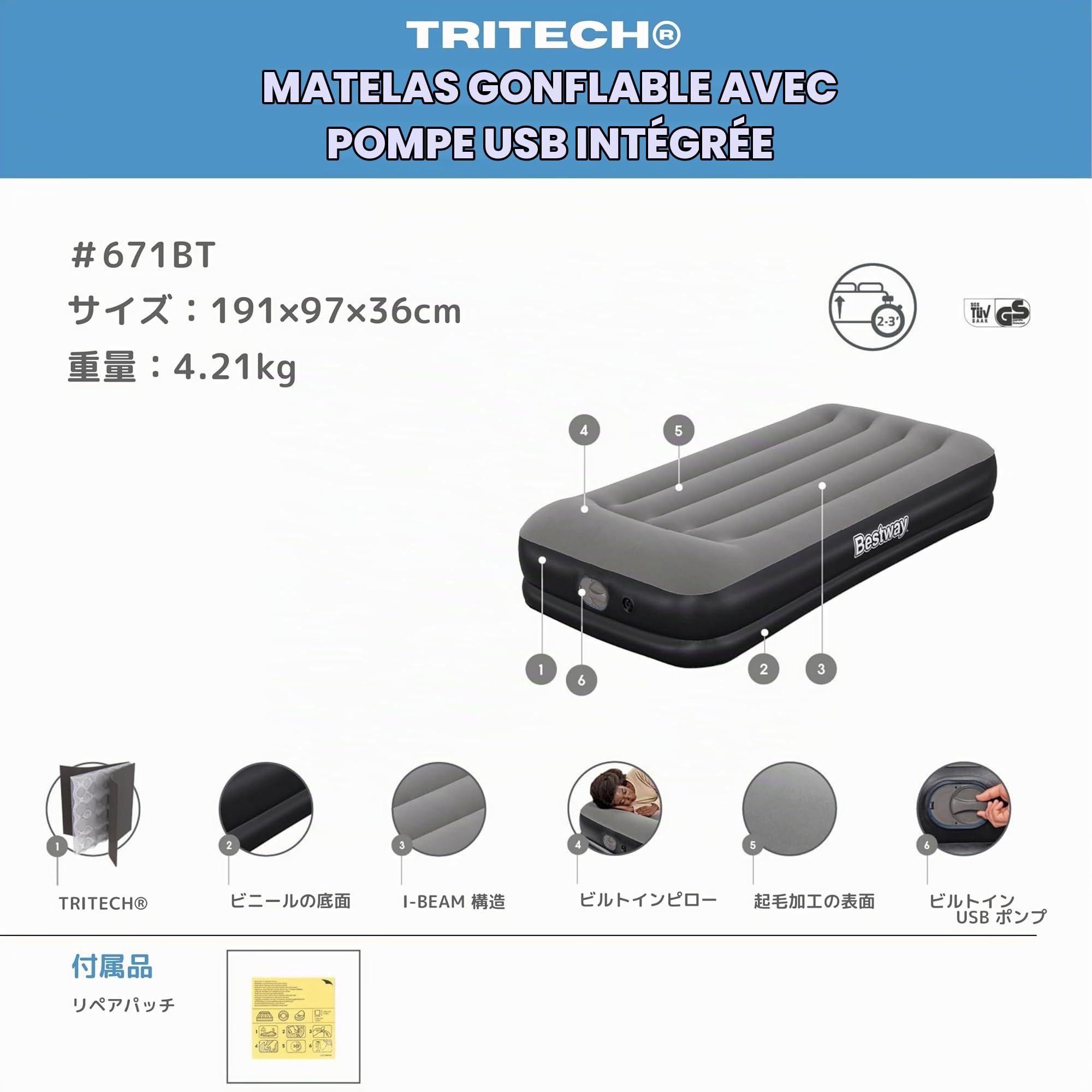 Bestway Matelas Gonflable Tritech Une Personne Twin avec Pompe USB intégrée - 191 cm x 97 cm x 36 cm - Gris/Noir
