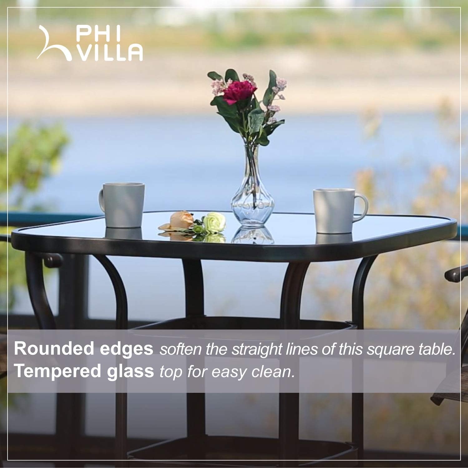 PHI VILLA Outdoor Bar Table, Bar Height Tall Patio Bistro Table, Metal Frame Tempered Glass Table High Top (Black)