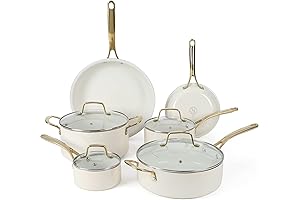 Martha Stewart Lockton Enamel Nonstick Ceramic Cookware Set, 10-Piece with Linen White & Gold Handles