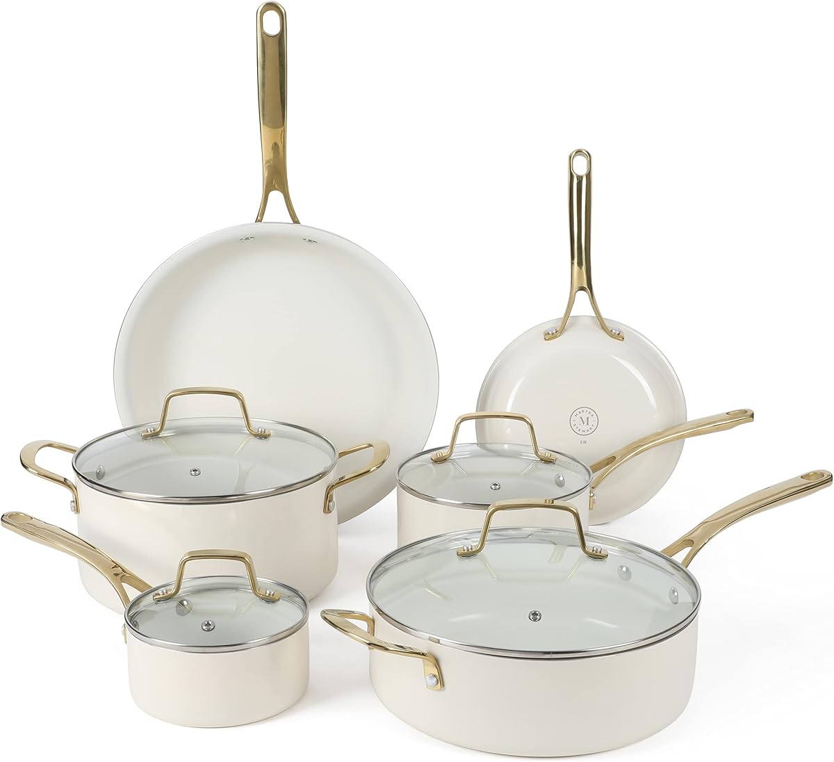 Martha Stewart Lockton Juego de utensilios de cocina de aluminio esmaltado de calibre pesado con interior de cerámica, antiadherente, no tóxico, libre de PFA, 10 piezas, color blanco lino con mango dorado