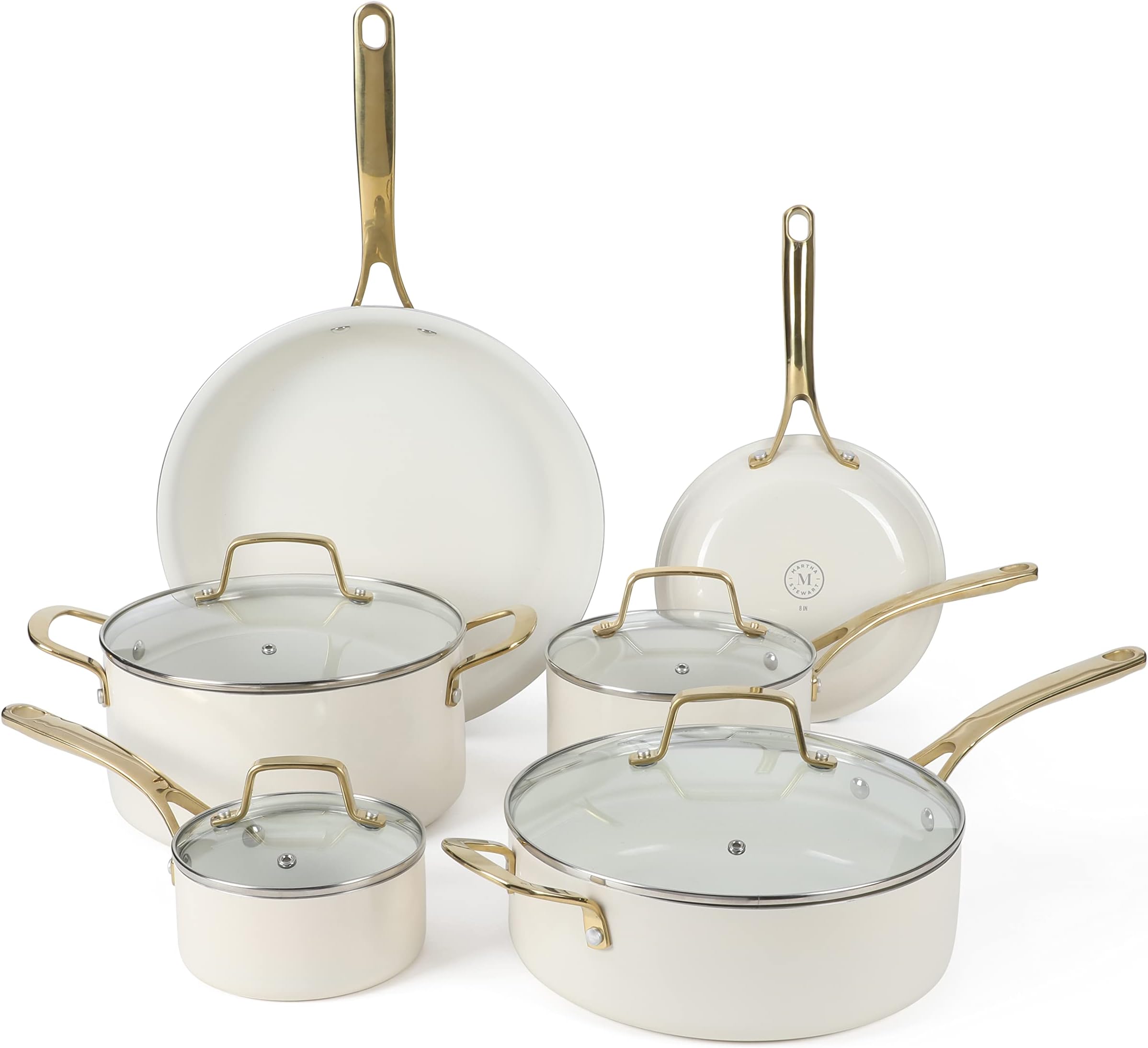 Lockton Nonstick Ceramic Interior 10 Piece Enamel Auminum Cookware Set - Linen w/Gold Handle