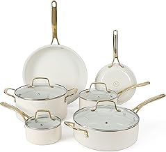 Lockton Premium Non stick Non Toxic PFA Free Ceramic Interior 10 Piece Heavy Gauge Enamel Aluminum Pots and Pans Cookware Set - Linen White w/Gold Handle