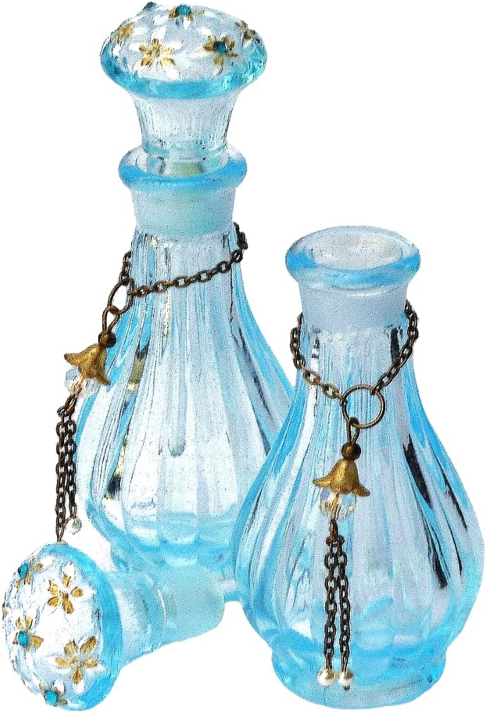 Single Vintage Style Turquoise Cornflower Blue Mini Glass Perfume Bottle with Dauber Stick Hand Painted Daisy Flowers Crystal Rhinestones and Dangling Glass Pearls Vanity Decor