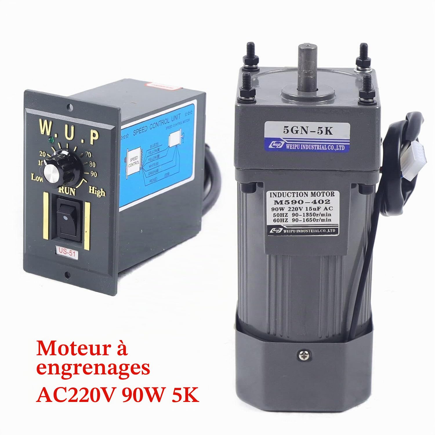 Moteur à engrenages 90 W, moteur électrique, courant alternatif, 220 V AC, moteur gear, monophasé, couple élevé, réglable 5 K avec régulateur de vitesse