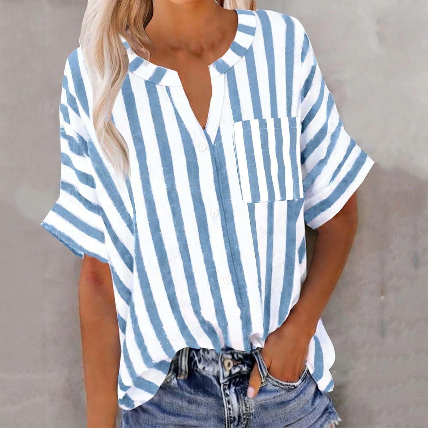 Womens Short Sleeve Shirts V Neck Dressy Casual Blouses Summer Beach Vacation Loose Fit Striped Tops with Pocket
