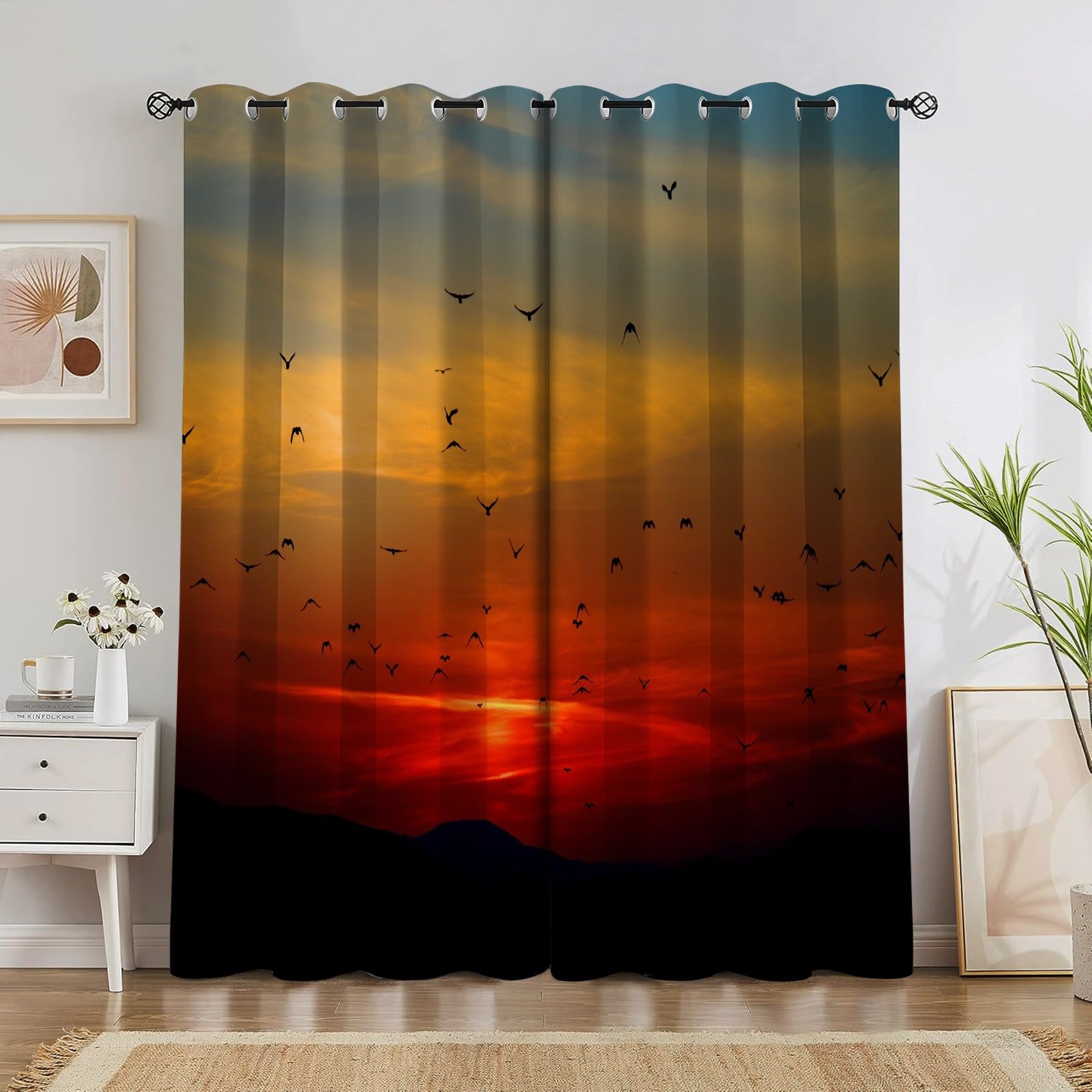 Rideau occultant thermique oiseaux au coucher du soleil lot de 2 rideaux de fenetre 140x260cm