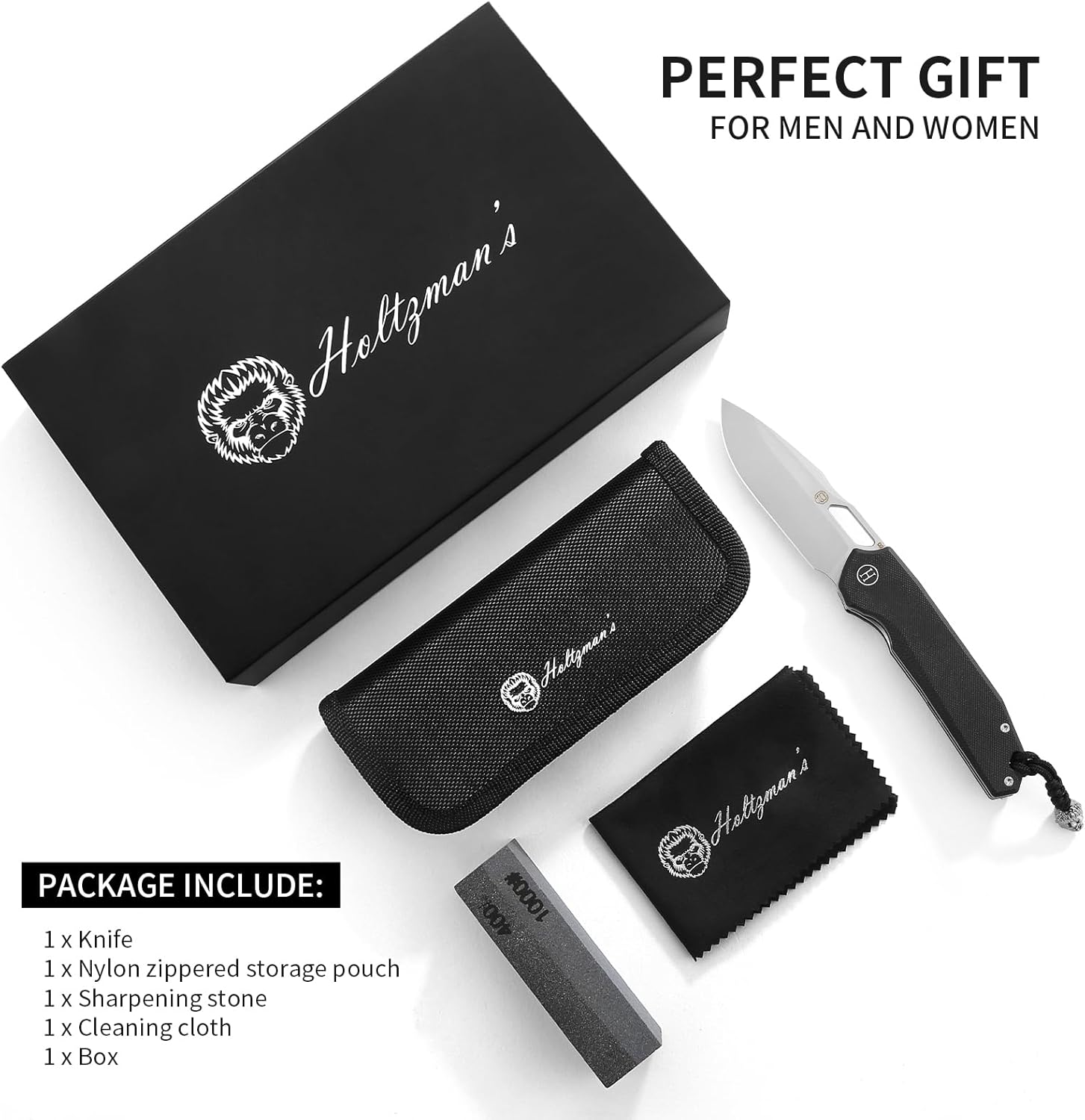 Holtzman's Gorilla Survival Folding Pocket Knife for Men with D2 Steel Blade and G10 Handle - Perfect for Everyday Carry - EDC Gift Set (Sandblasted + Black)