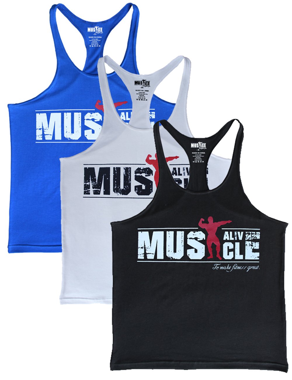 Muscle Alive Men's Ma Black+White+Blue Musclealive Bodybuilding Tank Top Stringer Vest Cotton S-(Chest 37 Inch)