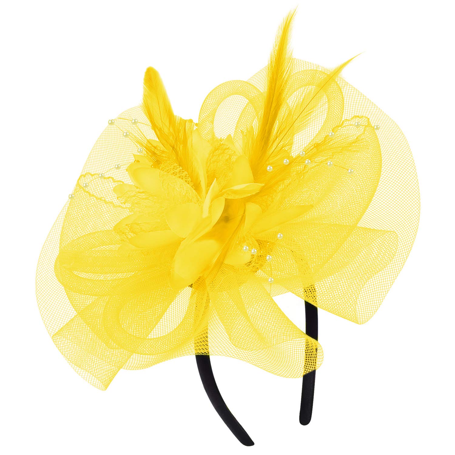 Haozaikeji Women's Yellow Fascinators For Girls, Feather Fascinator Hat Mesh With Headhand, Flower Cocktail Tea Party Headwear For Wending Hen Party Pillbox Hat