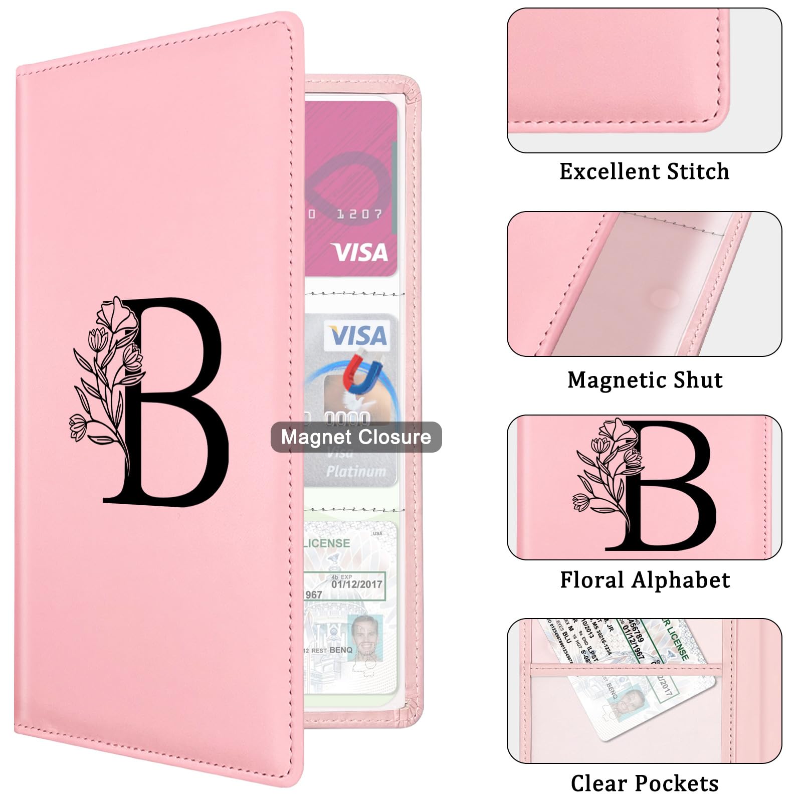 Car Registration and Insurance Holder Car Document Holder with Closure Pink with Letters Wallet Case Auto Vehicle Car — view 4