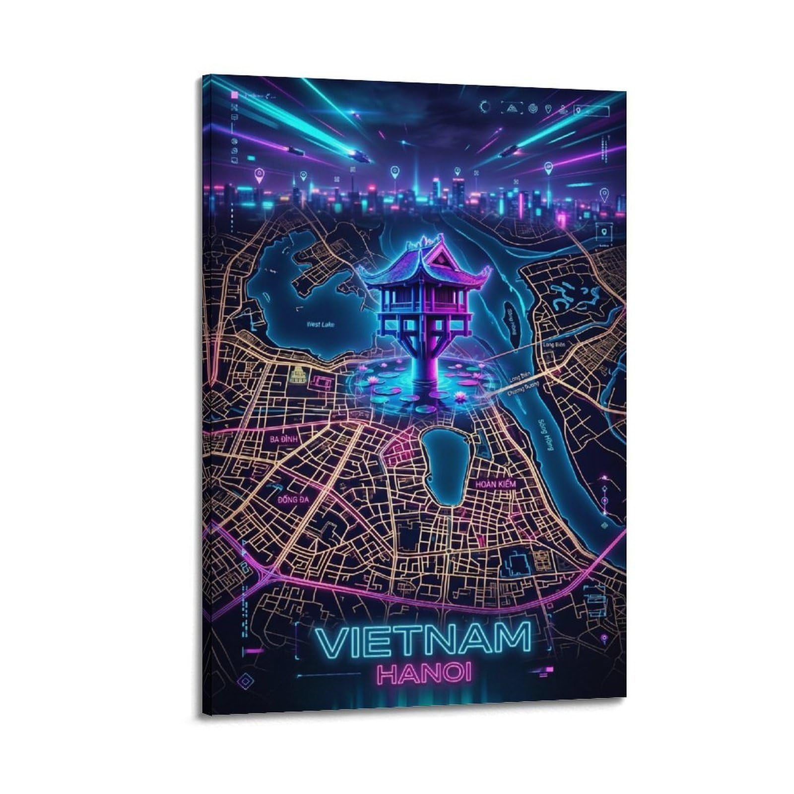 XKUGA Cyberpunk Style City Map Poster Vietnam Hanoi Modern Decorative Canvas Prints - Ideal Wall Art for Family, Man Cave, Game Room, Boys & Girls Bedroom 12x18inch(30x45cm)