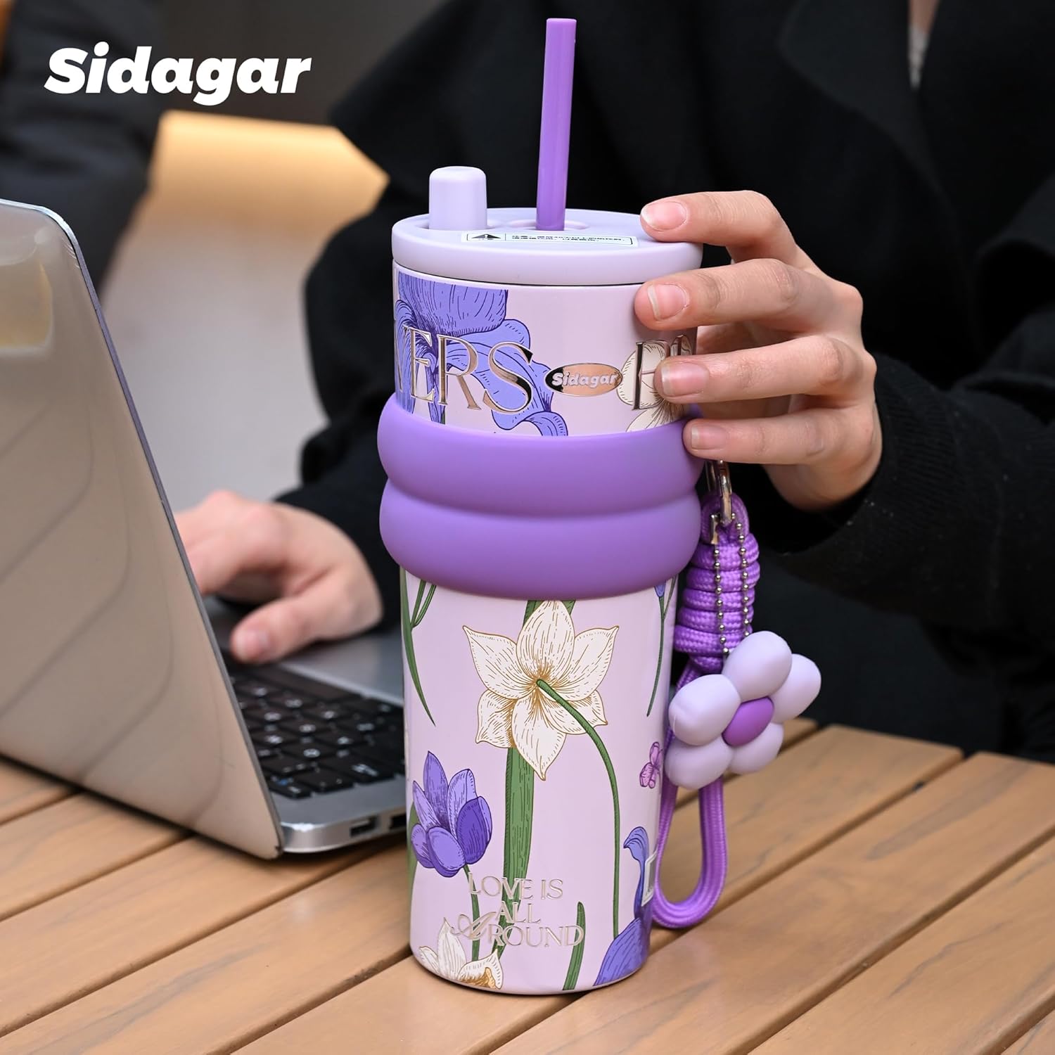 24 oz Stainless Steel Tumbler with Lid and Straw, Insulated Coffee Mug, Leak Proof, Portable Iced Travel Water Bottle, Reusable Thermal Coffee Cup, Floral Purple - Image 4