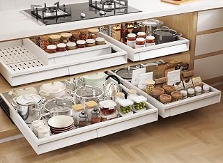 Seinloes Pull Out Cabinet Organizer, 4-Side Expandable to Fit Most Cabinets, 3 Rail Slide Out Drawers with Raising Pad for Framed & Frameless Cabinets, 15"-25" W x 17"-24" D, White, 4 Pack
