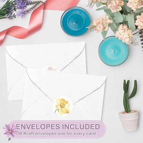Miniatura 5 de AnyDesign Paquete de 36 tarjetas de agradecimiento florales, tarjetas de felicitación de flores silvestres en acuarela con sobres, calcomanías para
