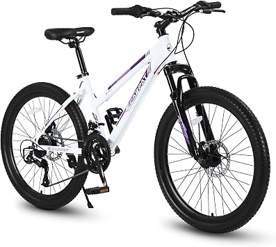 24 Inch Mountain Bike for Teens & Adults, Shimano 21-Speed Gears, Dual Disc Brakes, 100mm Suspension Steel Frame, Lightweight Hardtail Design, Easy Assembly
