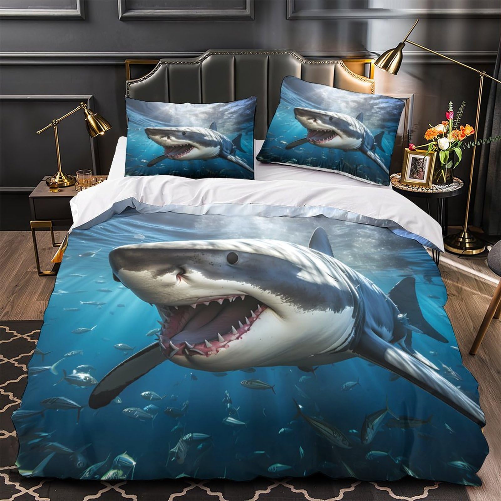 Housse de couette requin 220x240 cm avec parure de lit 3D en microfibre pour enfant