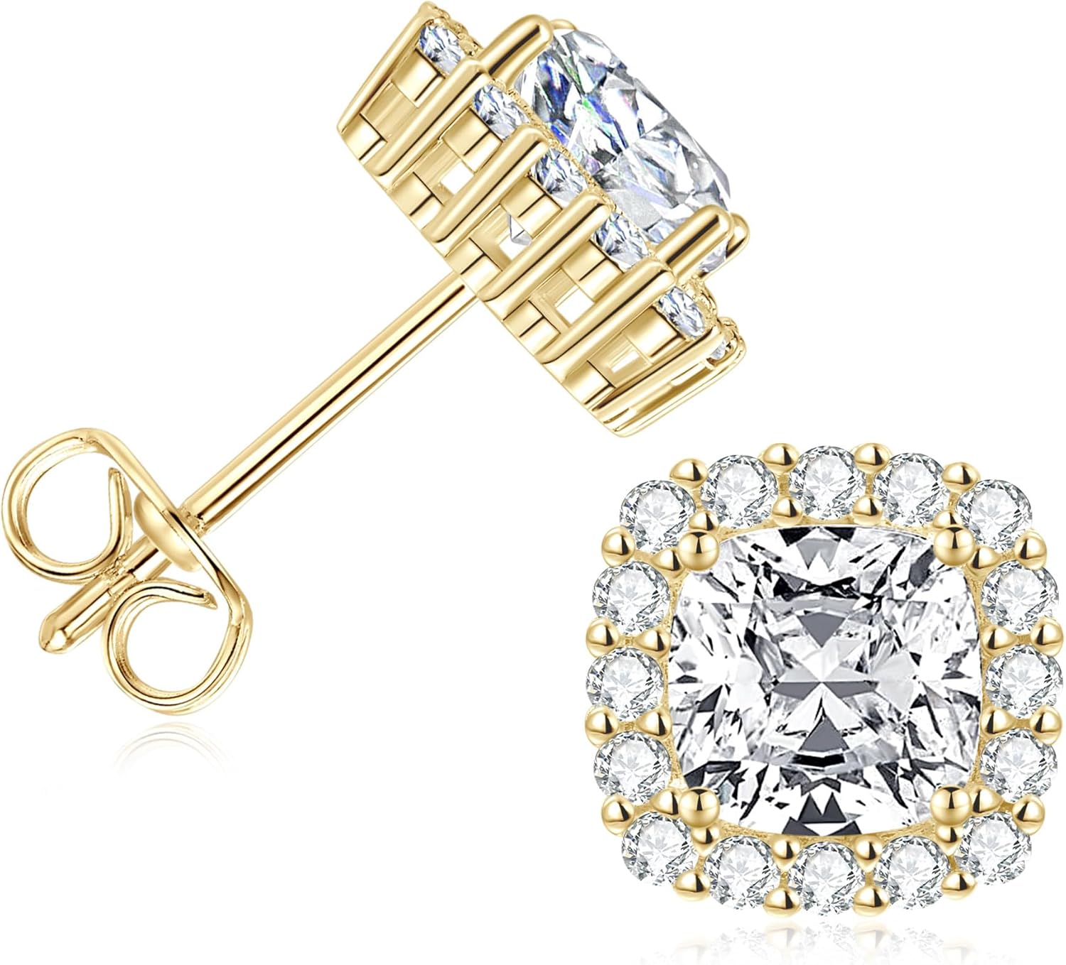 Cushion Cut Stud Earrings for Women, 5A Cubic Zirconia 14K Gold Filled Imitation Diamond Halo Stud Earrings Jewelry Valentine Anniversary Day Birthday Gifts