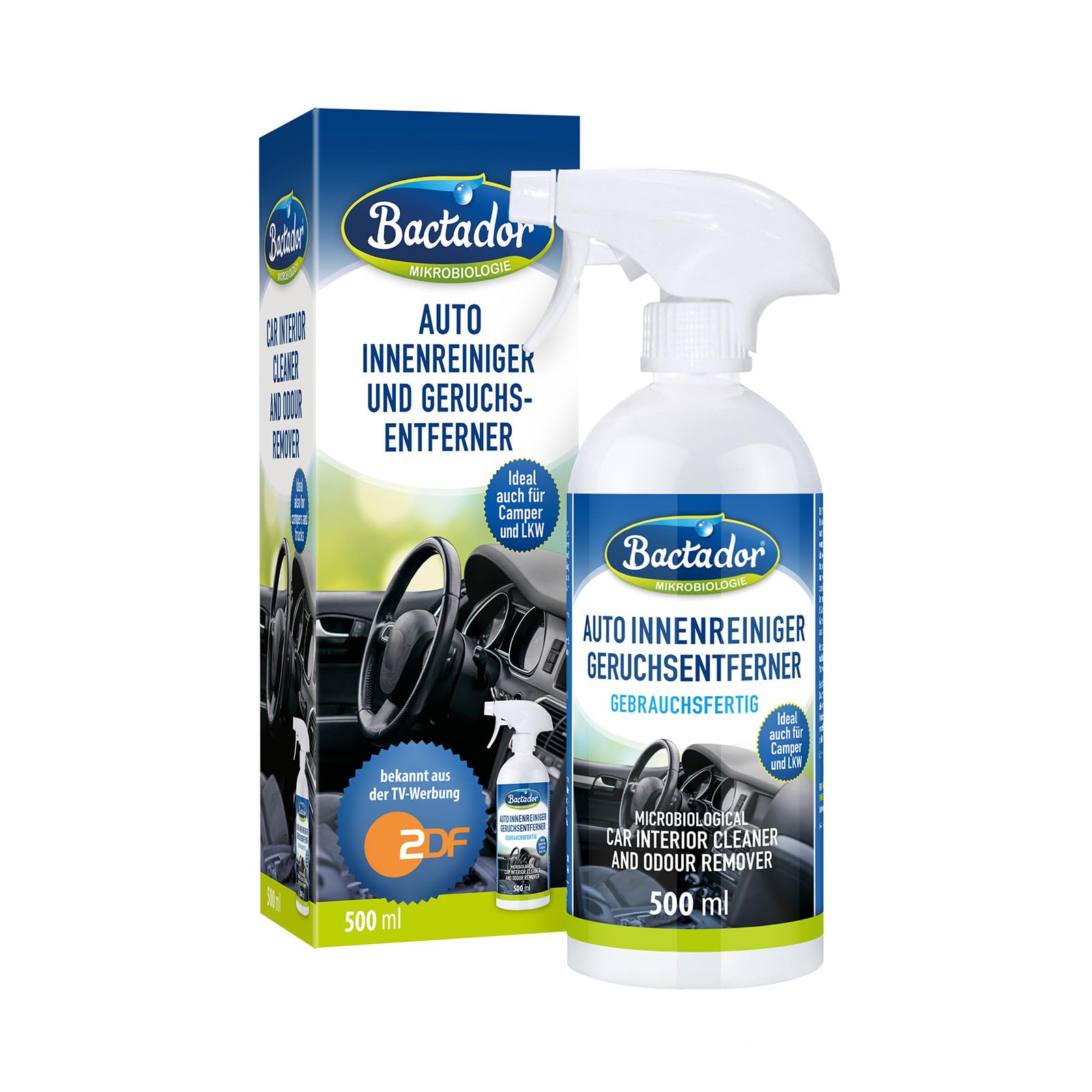Bactador Auto Innenraum Reiniger Spray 500 ml - Geruchsentferner - Cockpitpflege Auto - Mikrobiologischer Innenraumreiniger Autos - Cockpit Reiniger Autos - Polsterreinger Autositz - Enzymreiniger