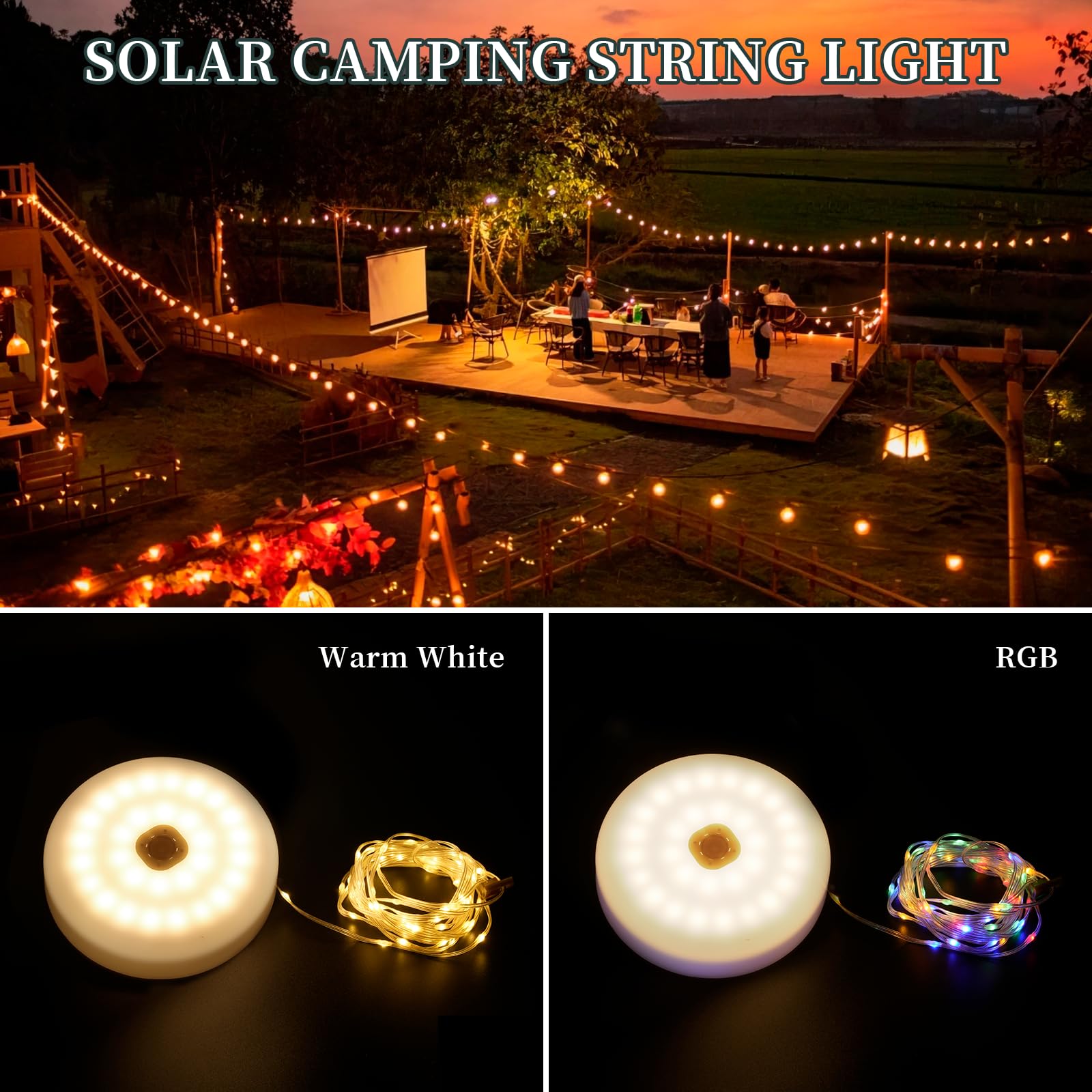 Solar Camping Lichterkette 150 LEDs, 33FT Outdoor Lichterkette mit 14 Beleuchtungsmodi & Timer, Wasserdicht & Wiederaufladbar, Campingausrüstung für Zelt, Hof, Garten, Wandern, Reisedekoration
