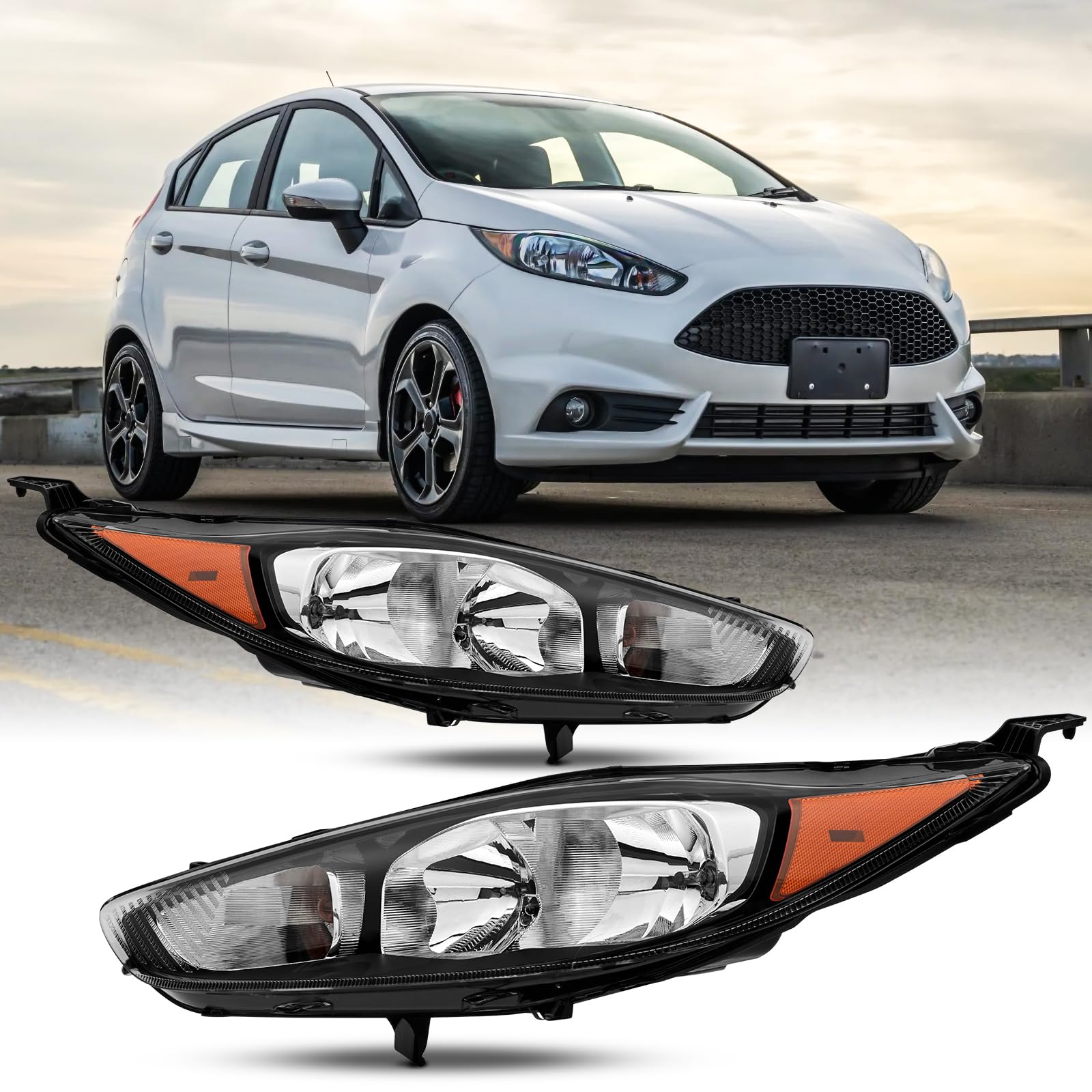 Headlight Assembly Compatible with 2014 2015 2016 2017 2018 2019 Ford Fiesta Headlamp Replacement Driver & Passenger Black With Amber