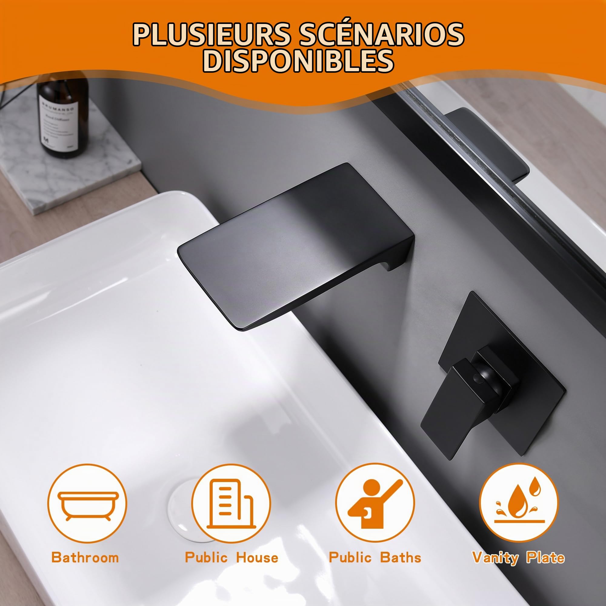 LIWEIKE Robinet Mitigeur Mural Lavabo Cascade Noir En Laiton