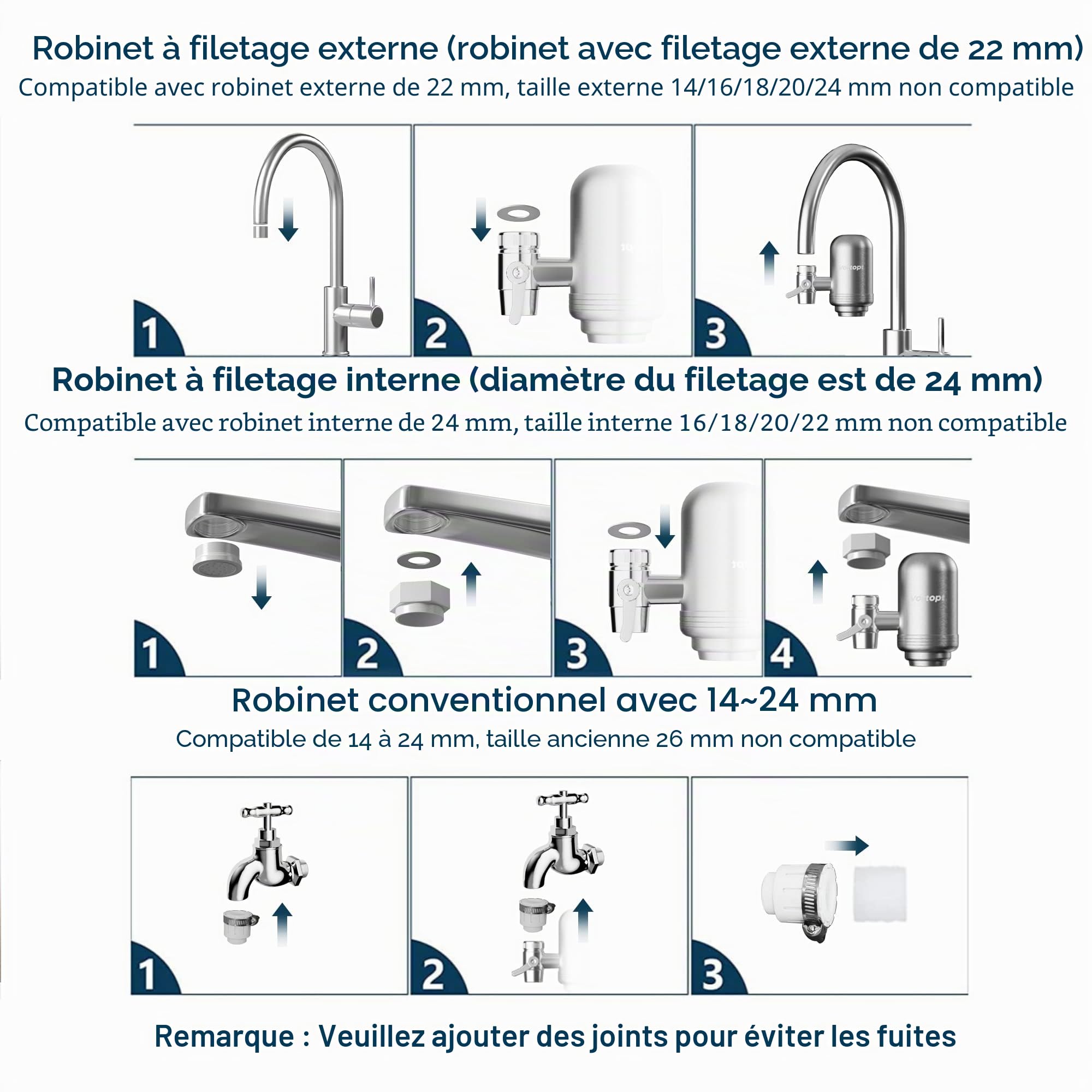 Vortopt Filtre eau Robinet en Acier Inoxydable, Système de Filtration d'eau à Bloc de Carbone, Filtre à eau du Robinet, Réduit Chlore, Mauvais Goût et Odeur, T2 (1 Filtre Inclus)