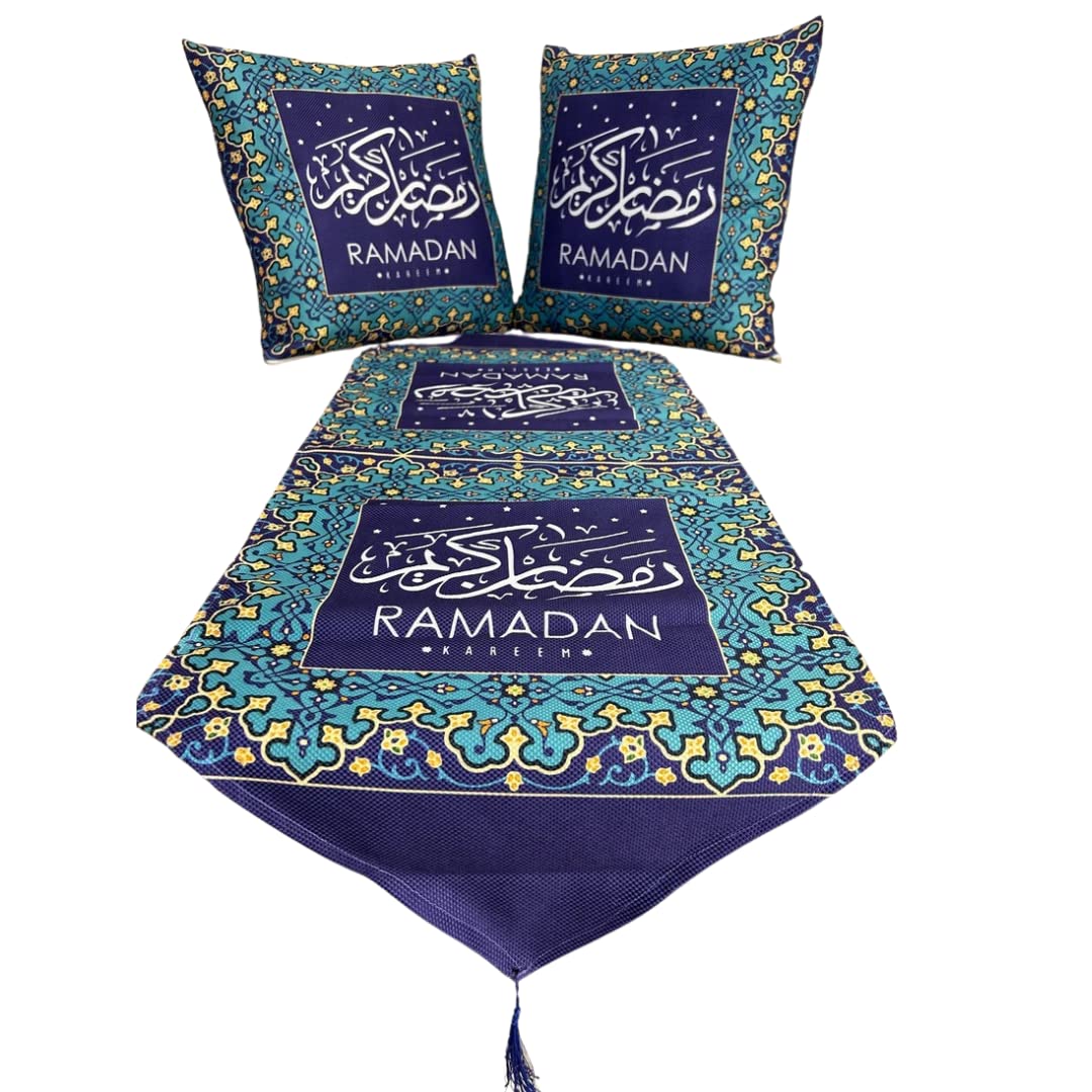 Home Paradise Blue Khayamiya Ramadan Table Runner with 2 Cushions Cover, Handmade “Ramadan Kareem” Dining Table Decoration, Versatile Arabic Calligraphy Complete Dining Set, Islamic Traditions Decor