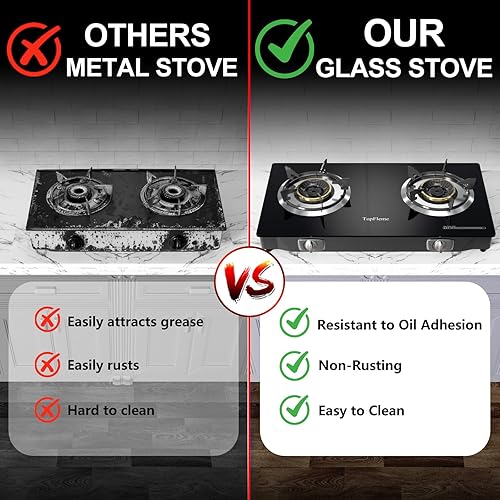 Miniatura 5 de Estufa de propano de 2 quemadores de 27,200 BTU de vidrio templado de alta eficiencia con encendido automático de gas con manguera CSA para