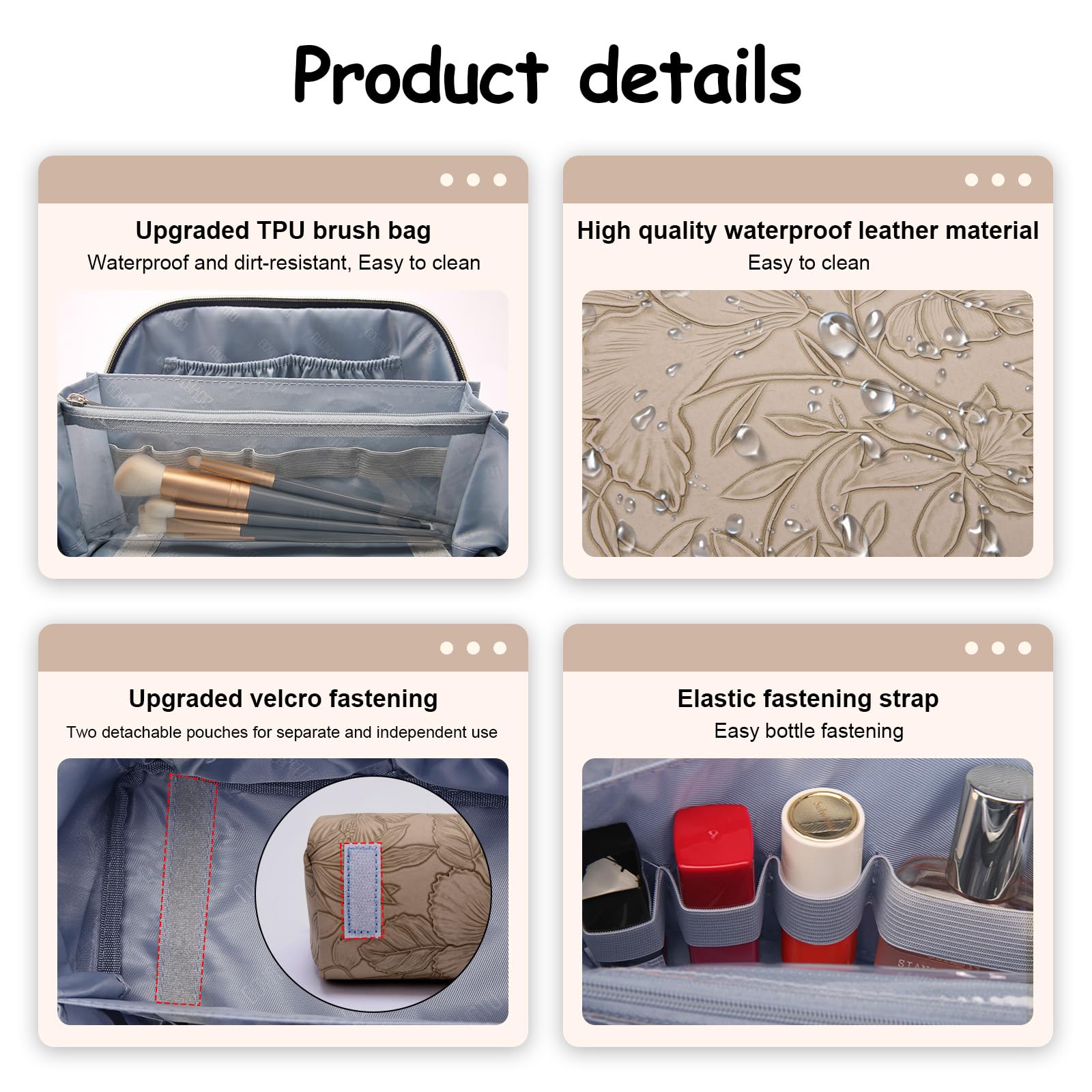 BOYATU Travel Makeup Bags Cosmetic Organizer Bag: 3-Set Large Capacity Make up Bag - PU Leather Toiletry Bags for Women - Wide Open Portable Pouch with Divider & Handle (): 02-Light Brown