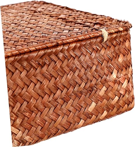 Miniatura 3 de Zerodeko 3 cestas de mimbre tejidas con tapa, cesta de almacenamiento de ratán con tapa, estuche de almacenamiento portátil, decoración de