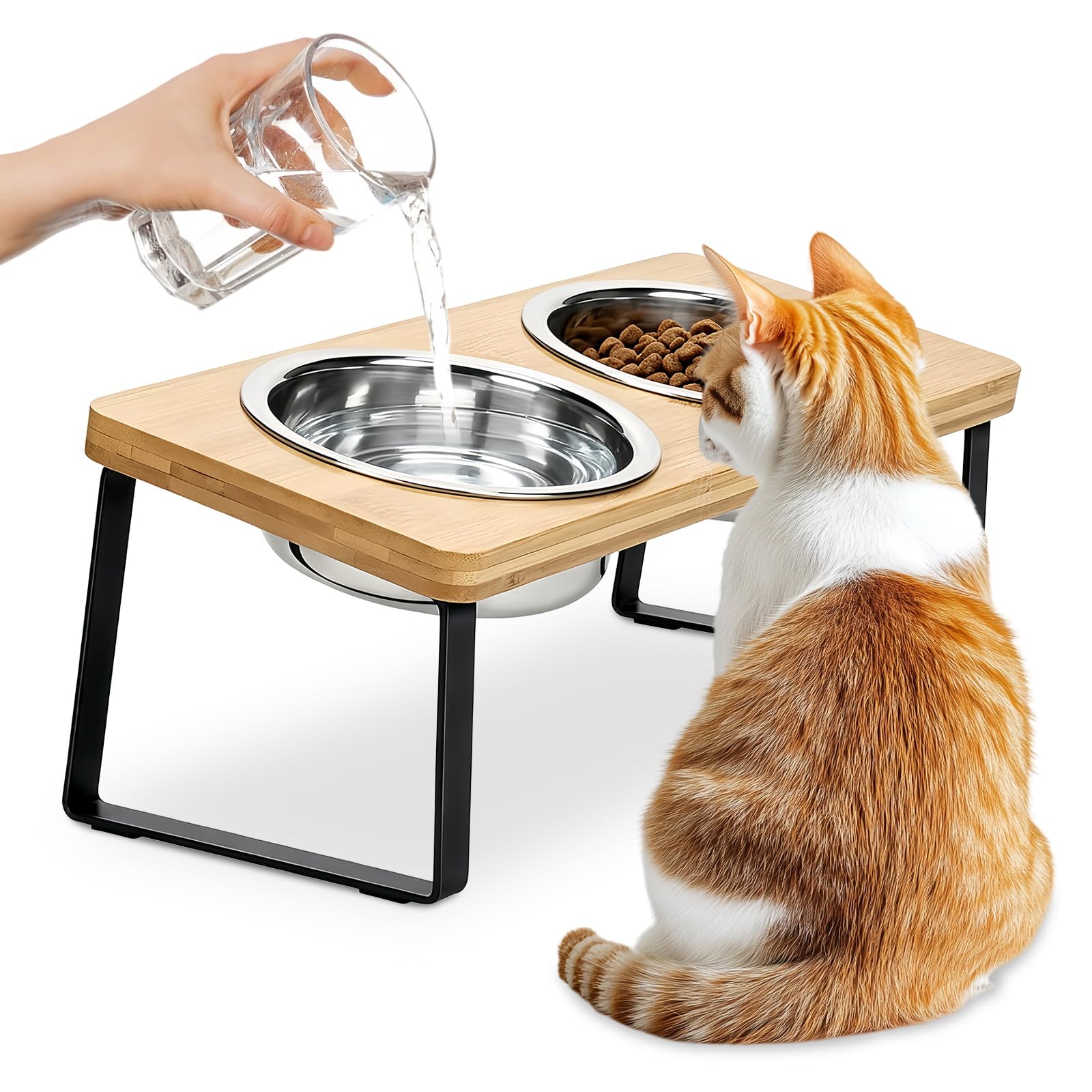 Raised Cat Bowls, 2PCS Stainless Steel Elevated Cat Bowls with Wood Stand