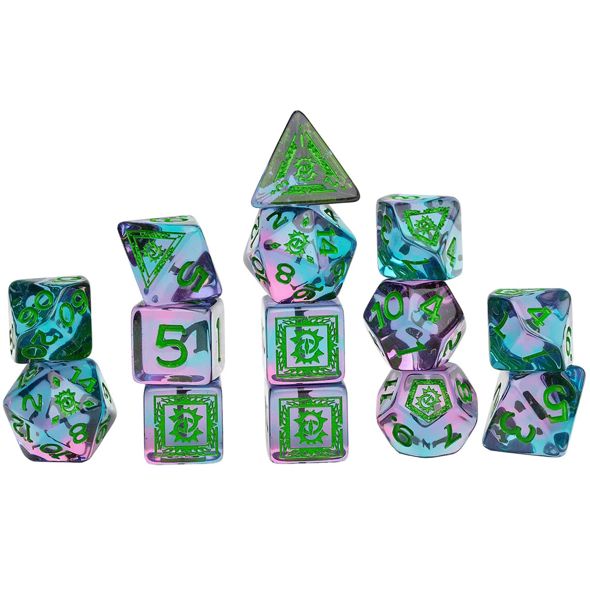 Dungeons & Dragons: D&D Adventure Dice - Warlock: Purple & Green - Set di 14 pezzi RPG, simboli di classe, accessori per giochi di ruolo da collezione, Sirius Dice