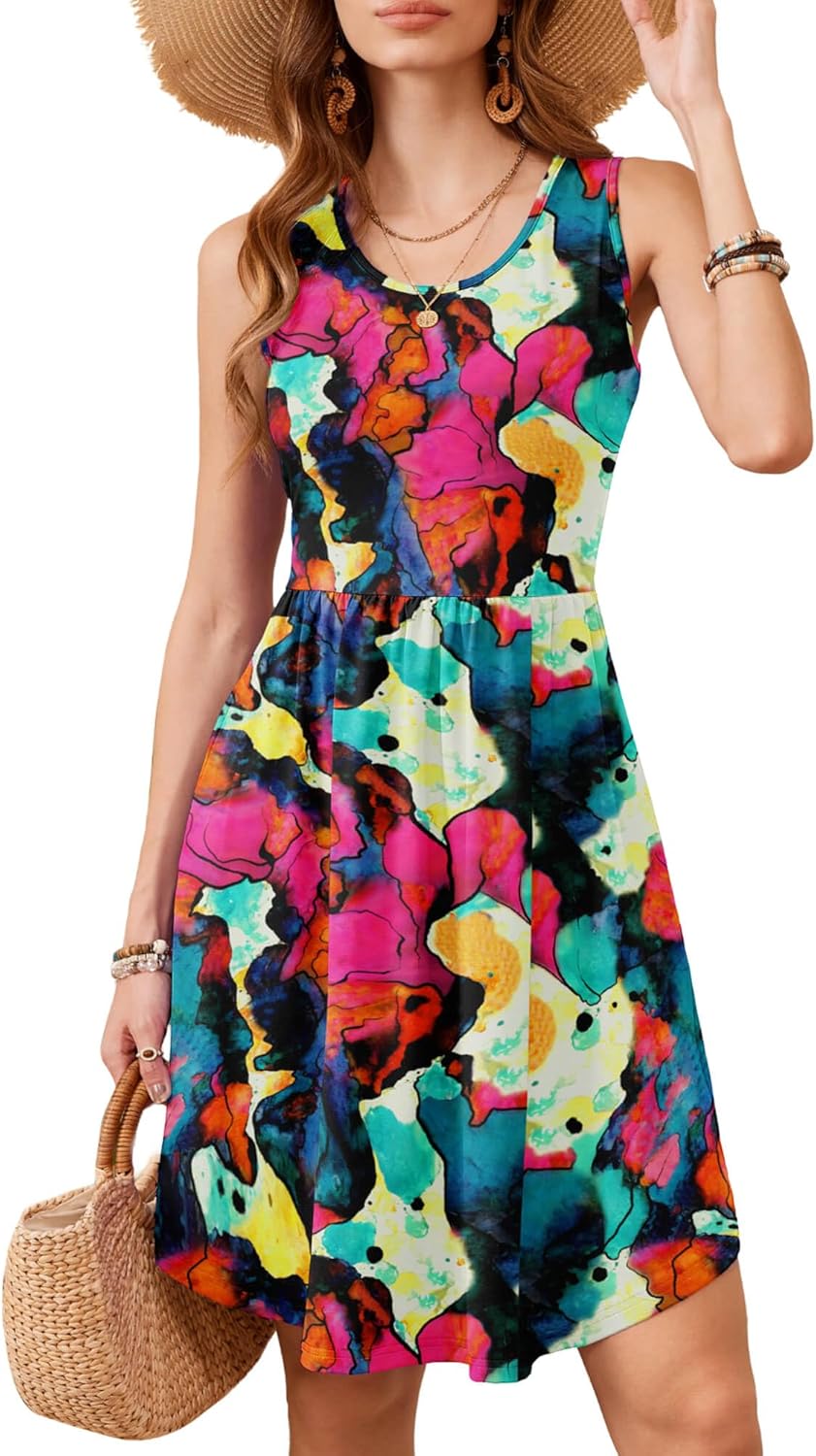 Moodclo Casual Summer Dress Multicolored XX-Large 2026 Sleeveless Sundress with Pockets U-Neck Cute Lightweight Tank A-Line