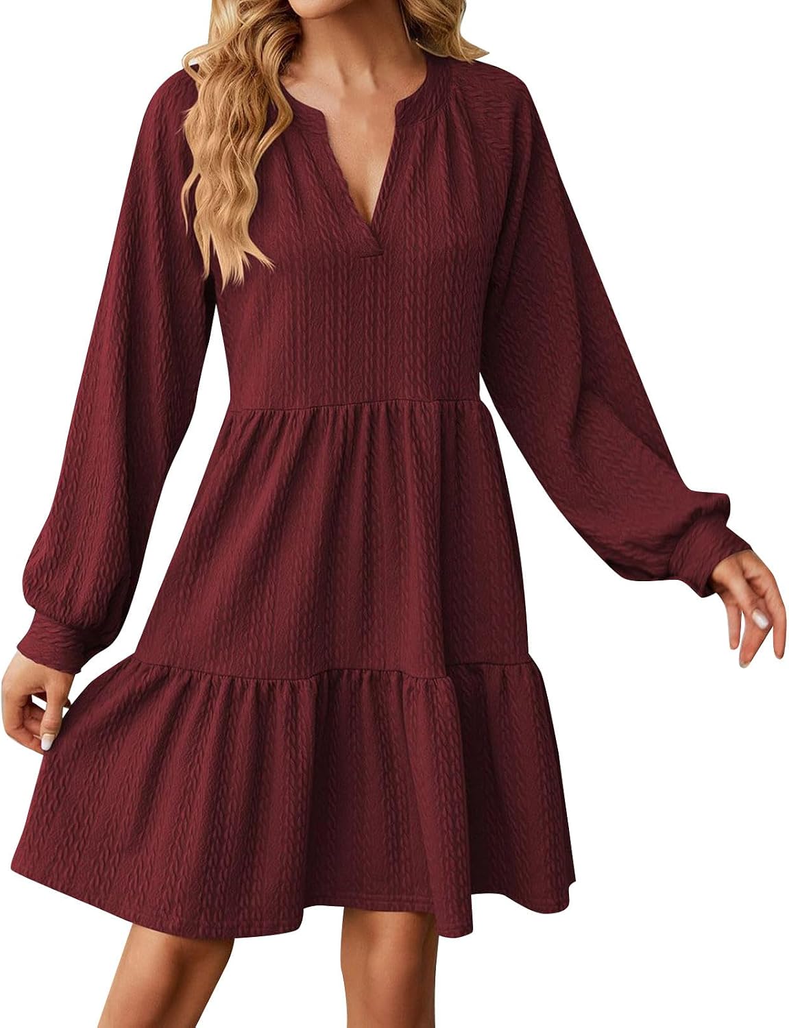 Fall Dresses for Women Long Sleeve V Neck Textured Casual Lightweight Tiered Ruffle A-Line Mini Babydoll Dress