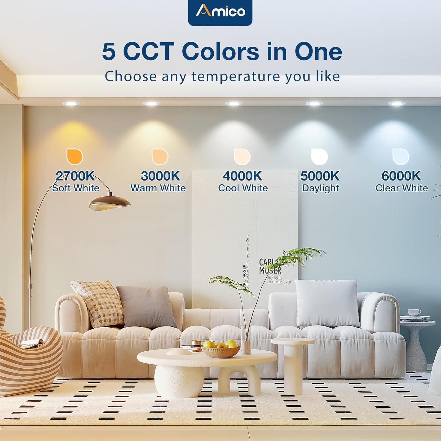 Amico 42 Pack 5/6 inch 5CCT LED Recessed Lighting, Dimmable, Can Lights with Baffle Trim, 12.5W=100W, Retrofit Installation, Damp Rated, ETL&FCC