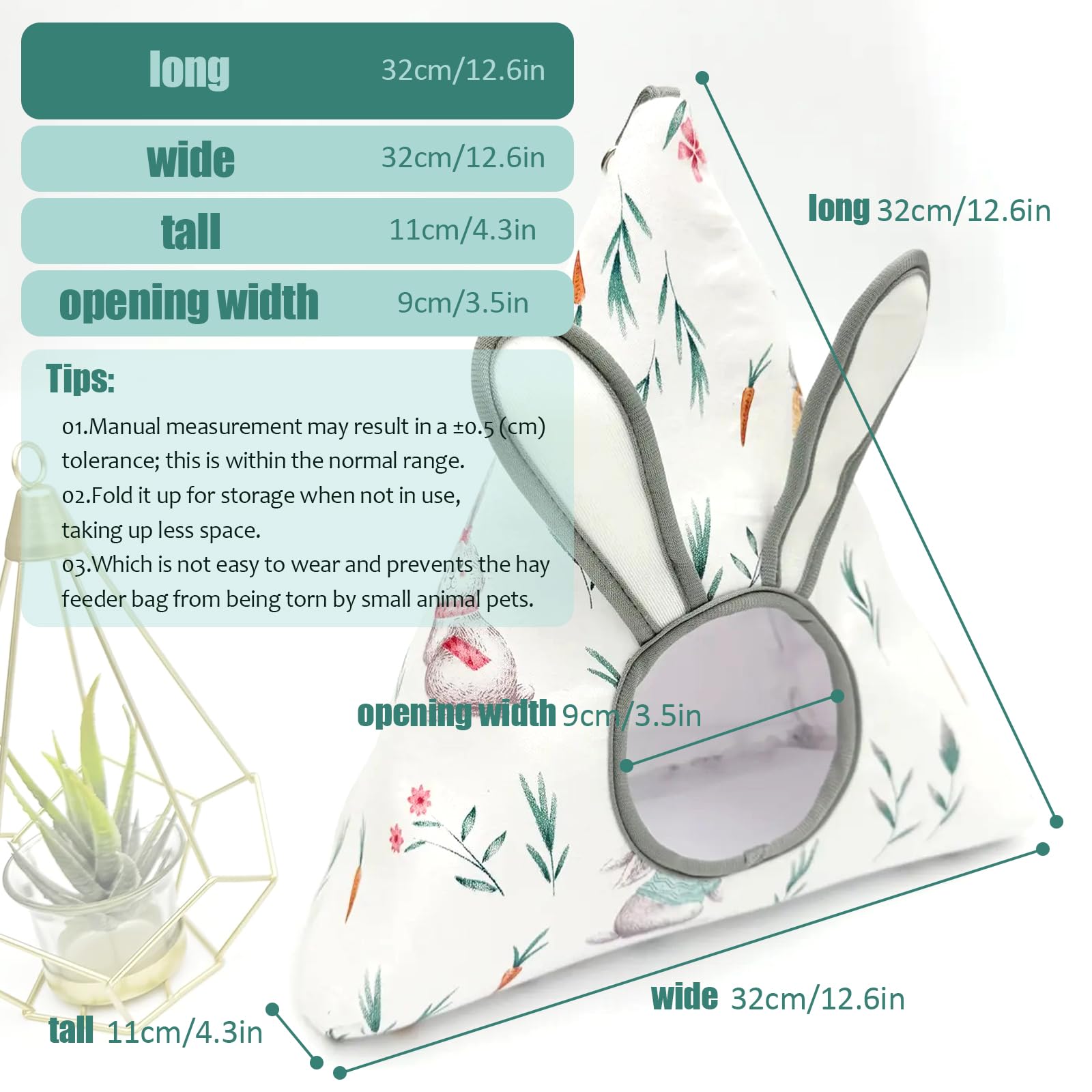 Soft Cotton Bunny Hay Feeder Bag, Cute Triangle Rabbit Hay Holder with 3D Ears, Hanging Hay Dispenser for Guinea Pigs, Chinchillas & Small Pets, Breathable & Washable Cage Accessories - image 2