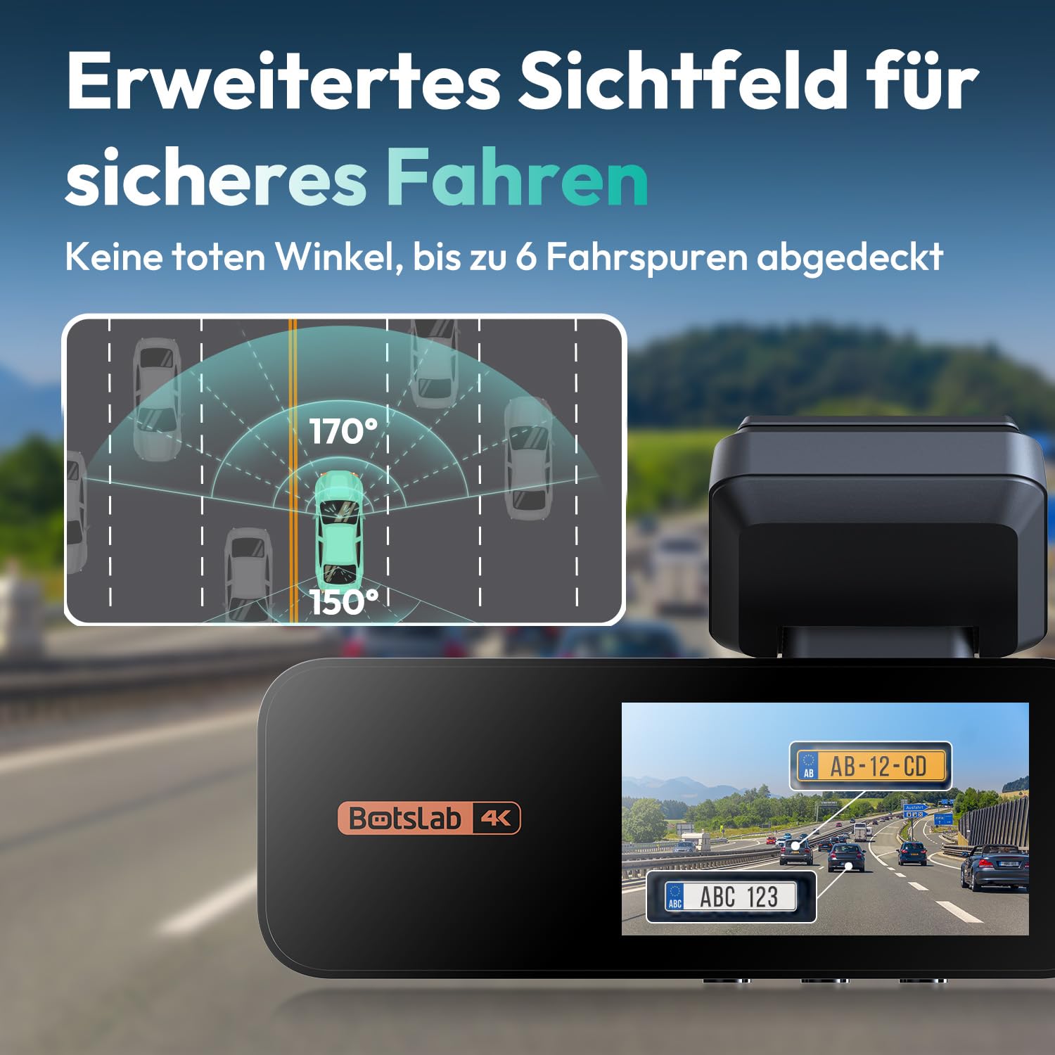 BOTSLAB Dashcam 4K+2K mit GPS WiFi Hardwire-Kit ADAS 64GB Karte 24/7 Parküberwachung 2,45" IPS Nachtsicht WDR 170° Weitwinkel
